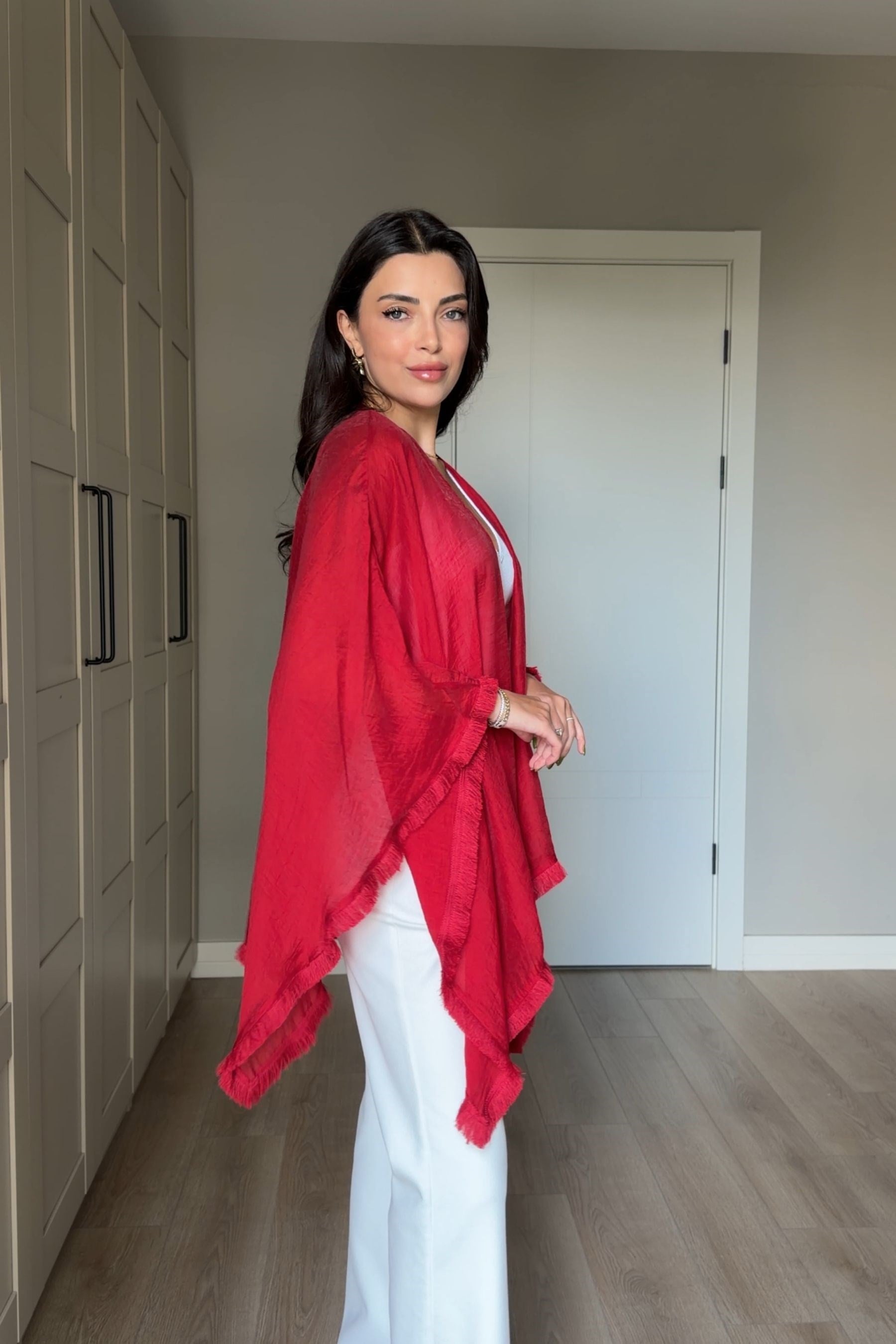 Glow Kırmızı Kuşaklı Tensel Kimono