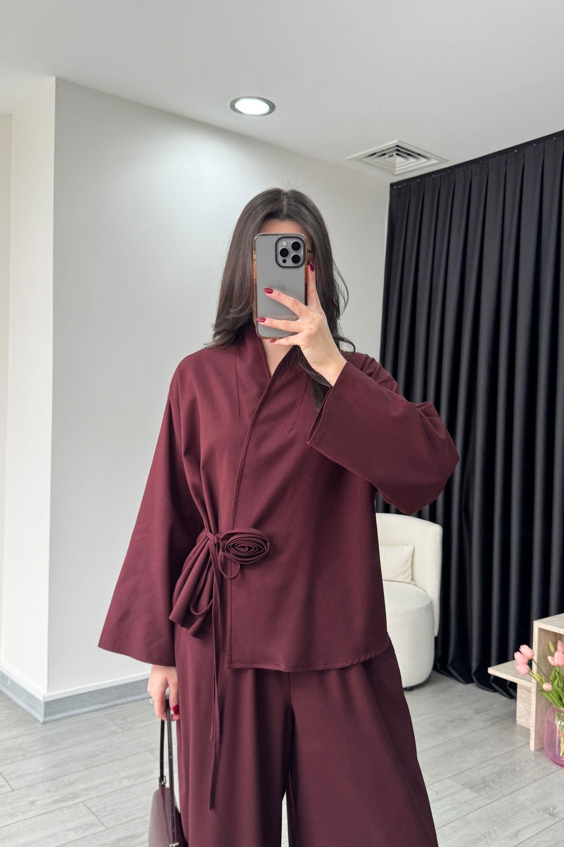 Gül Detaylı Bordo Kimono Pantolon Takım