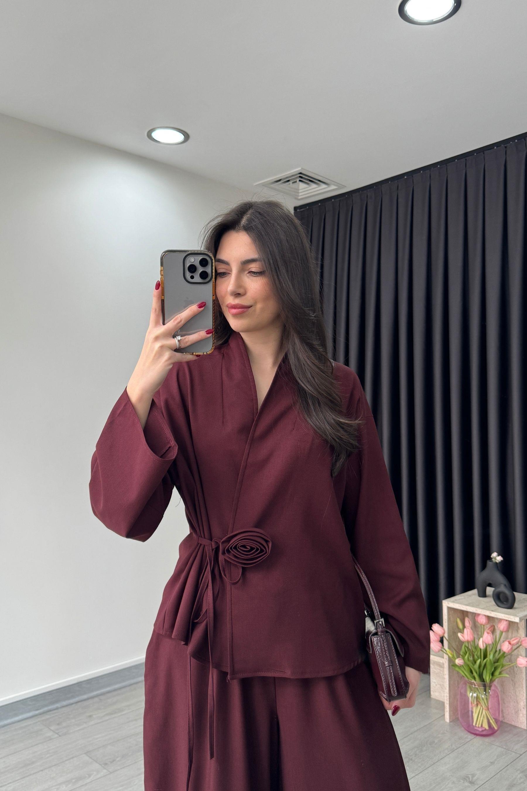 Gül Detaylı Bordo Kimono Pantolon Takım