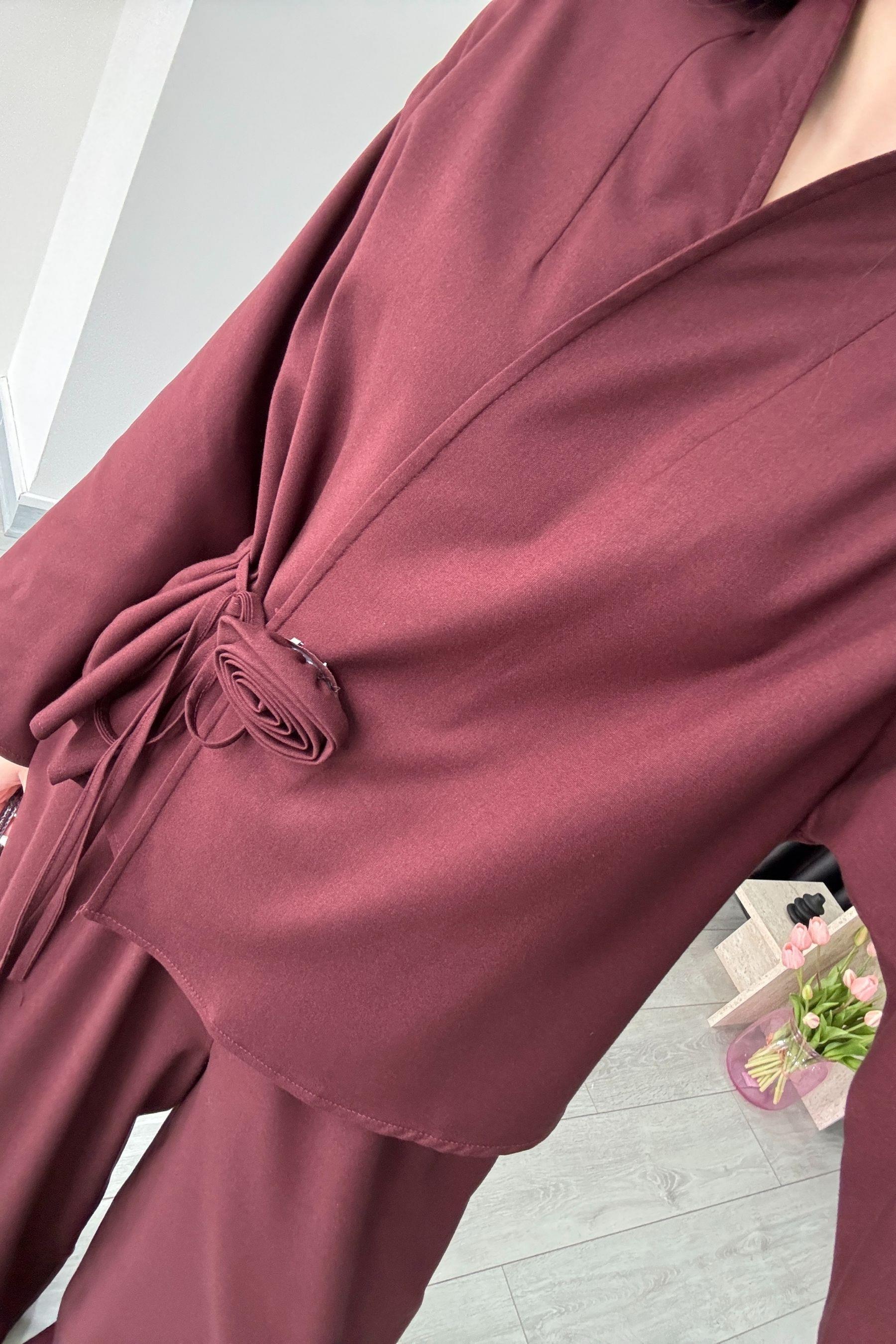 Gül Detaylı Bordo Kimono Pantolon Takım