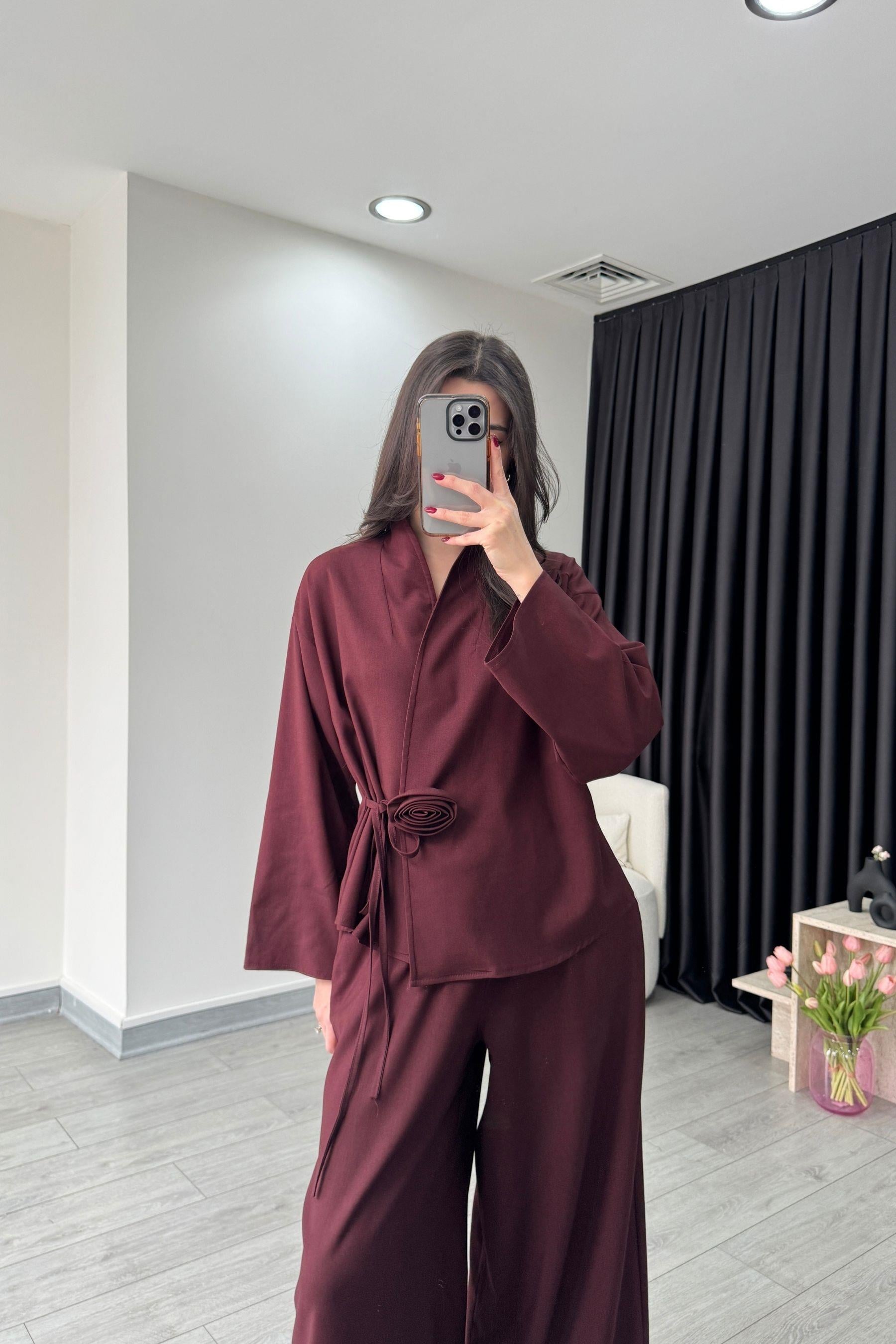Gül Detaylı Bordo Kimono Pantolon Takım