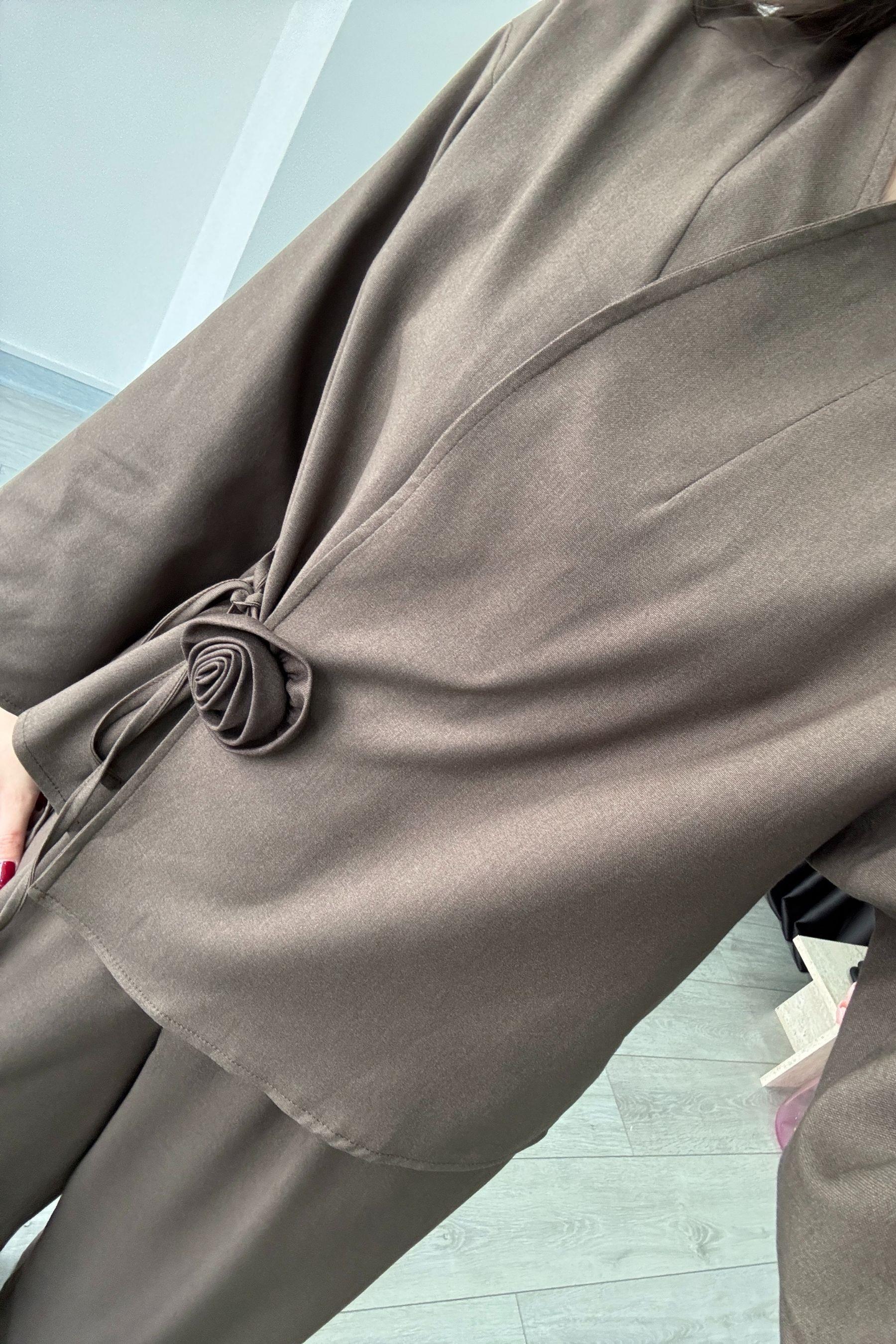 Gül Detaylı Kahve Kimono Pantolon Takım