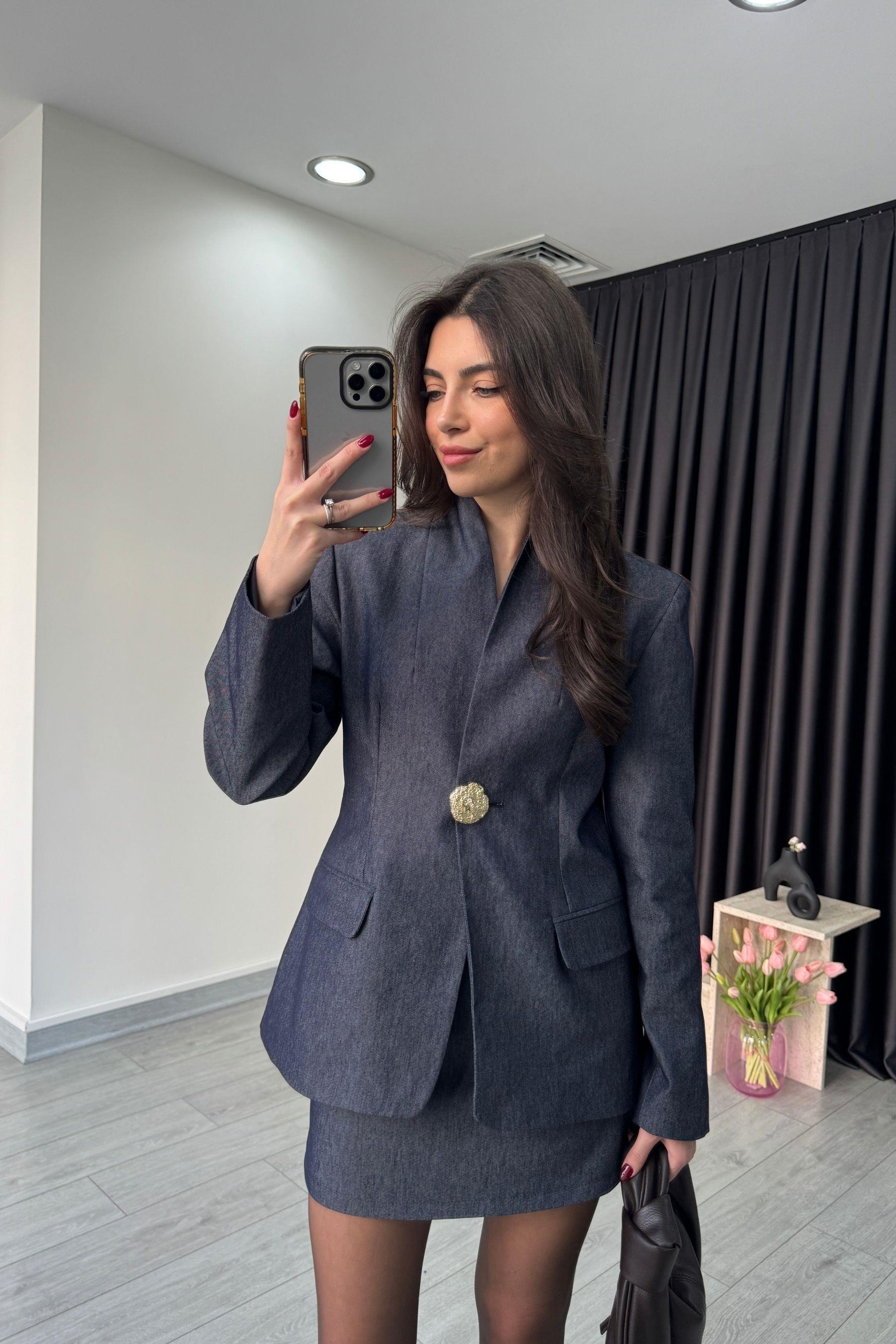 Hakim Yaka Denim Ceket Etek Takım
