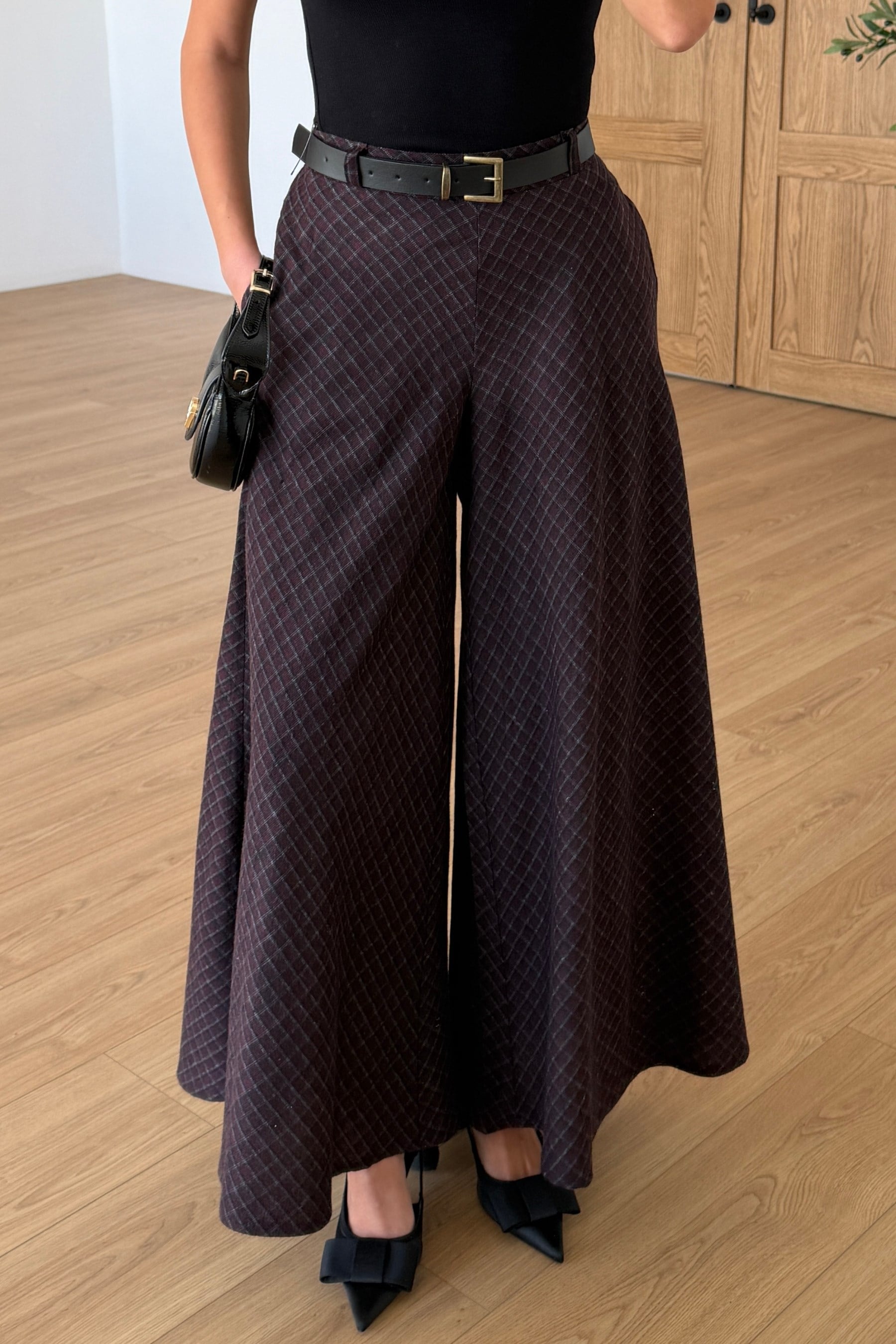 Hardy Mürdüm Beli Lastikli Kemerli Ekose Pantolon