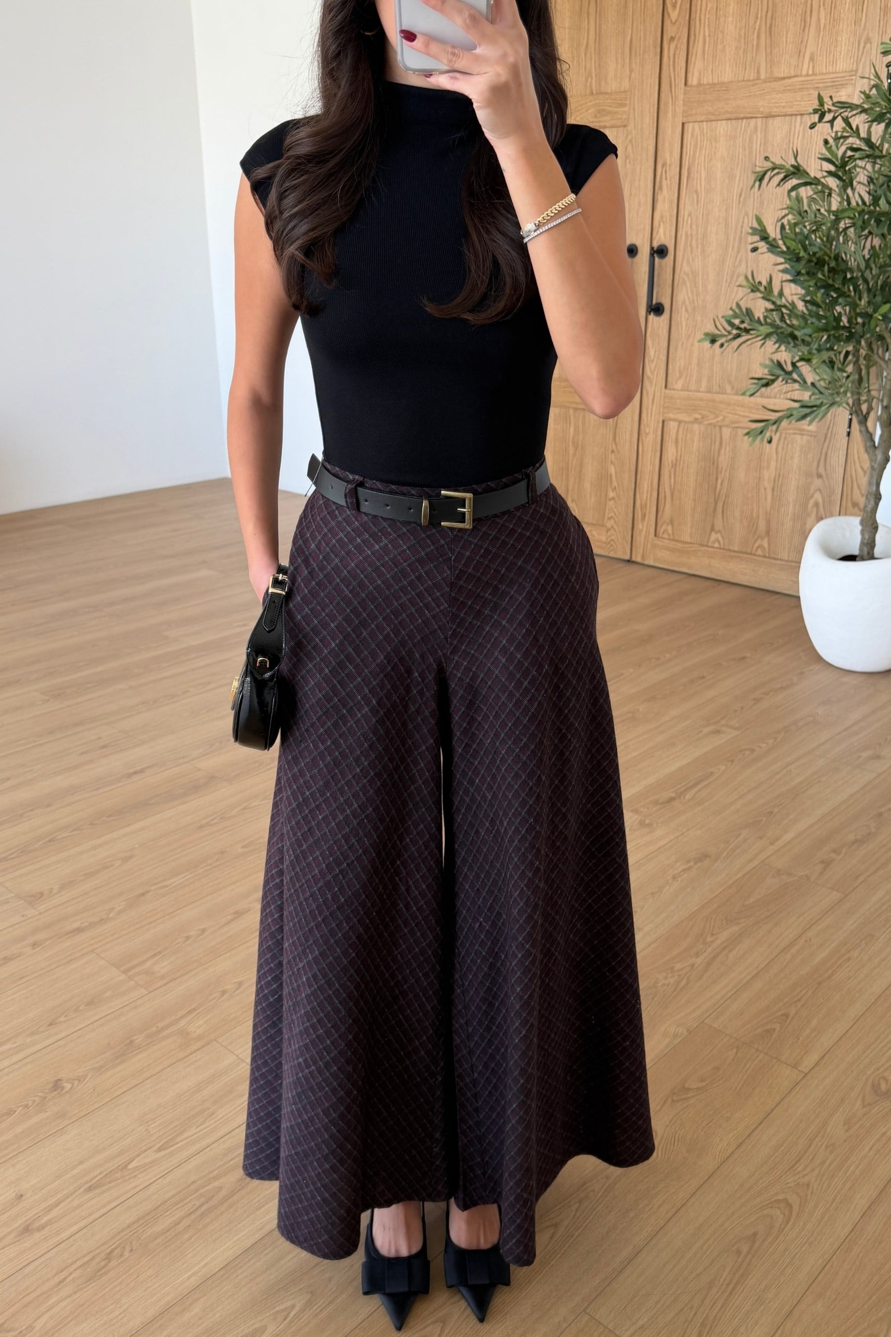 Hardy Mürdüm Beli Lastikli Kemerli Ekose Pantolon