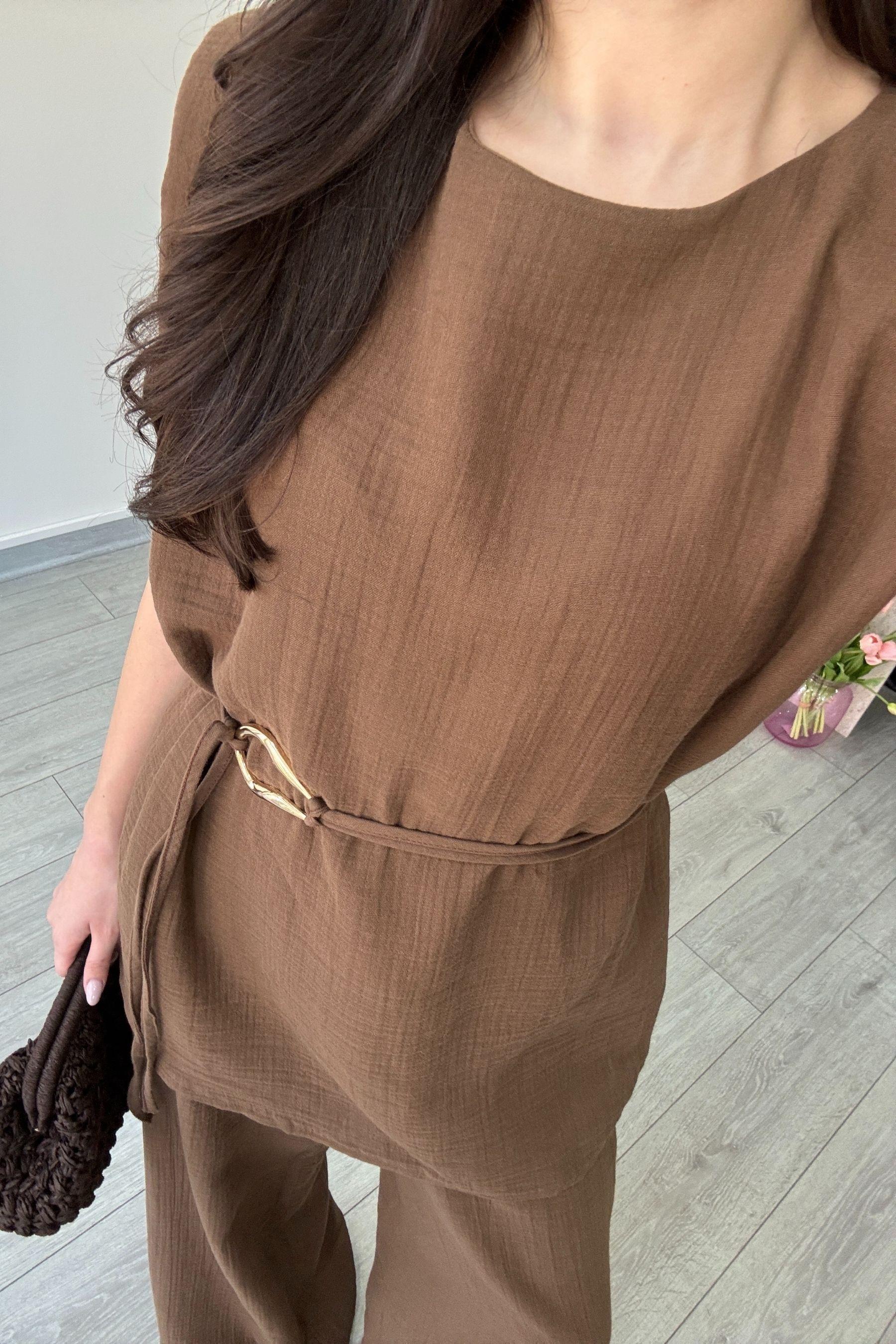 Jade Kahve Müslin Bluz Pantolon Takım