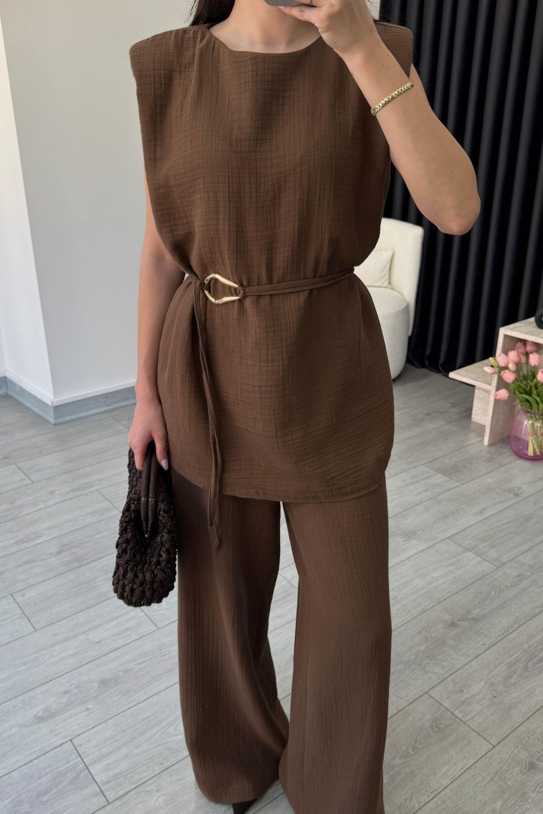 Jade Kahve Müslin Bluz Pantolon Takım
