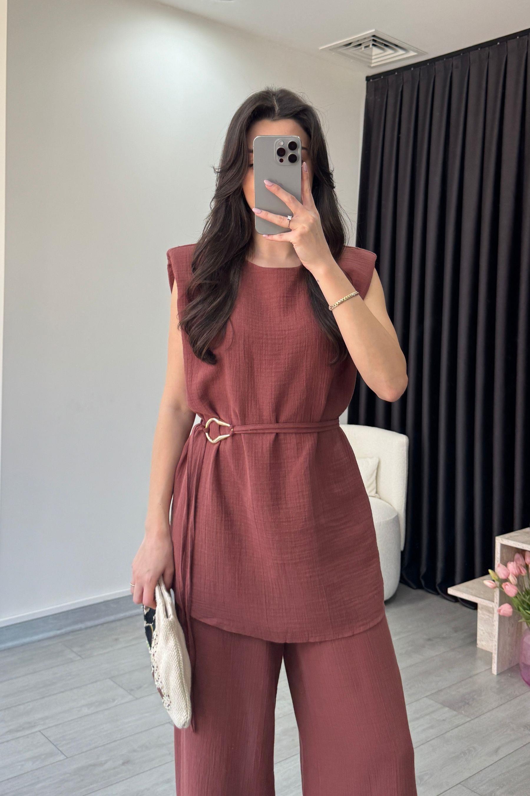 Jade Kiremit Müslin Bluz Pantolon Takım