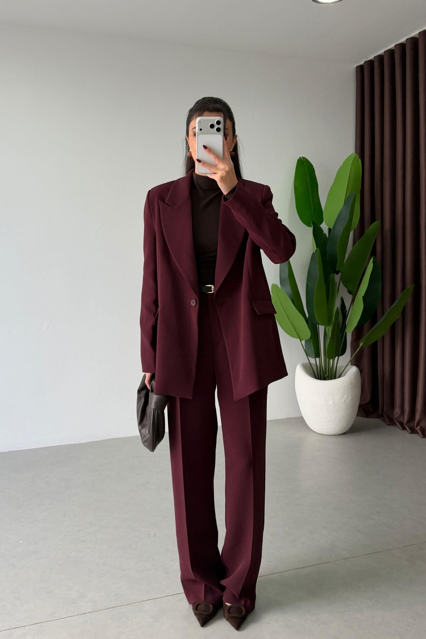Apeva Mürdüm Oversize Krep Kumaş Blazer