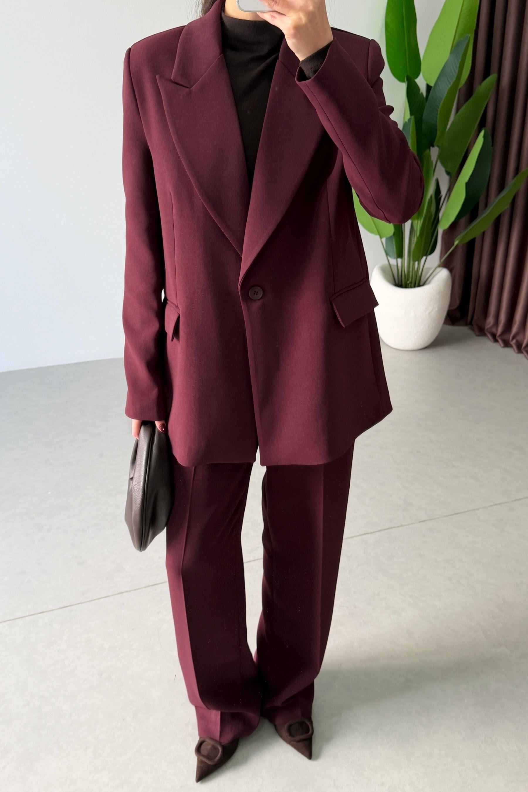 Apeva Mürdüm Oversize Krep Kumaş Blazer