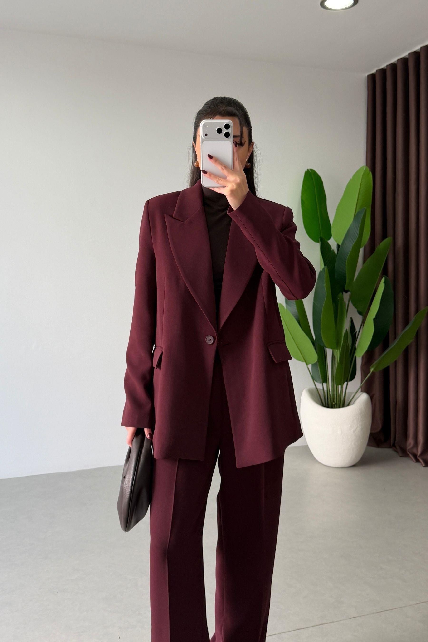 Apeva Mürdüm Oversize Krep Kumaş Blazer