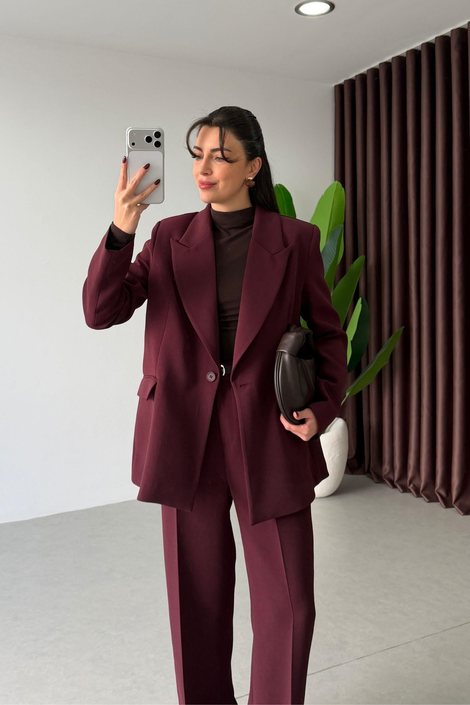 Apeva Mürdüm Oversize Krep Kumaş Blazer