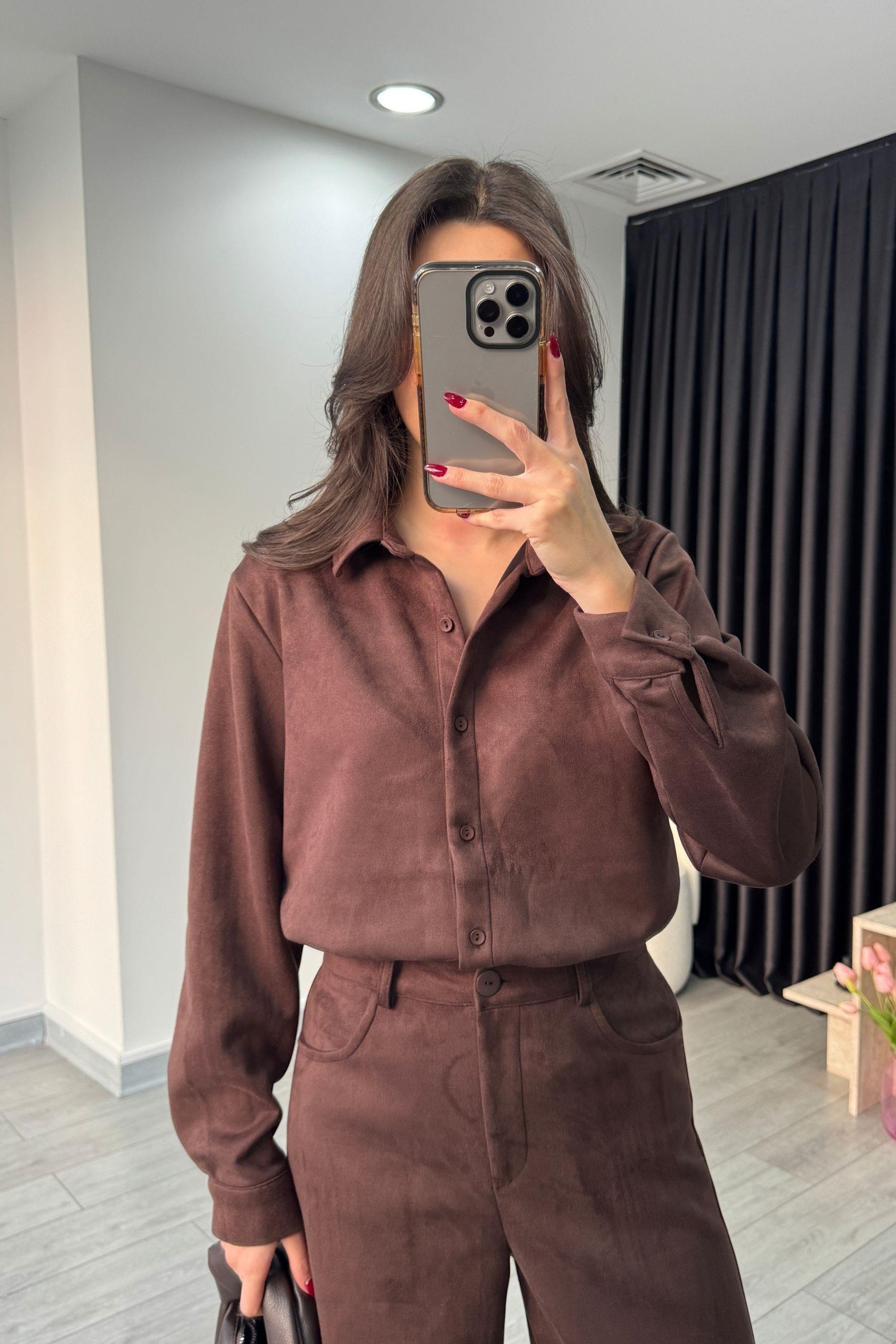 Acı Kahve Süet Gömlek Pantolon Takım