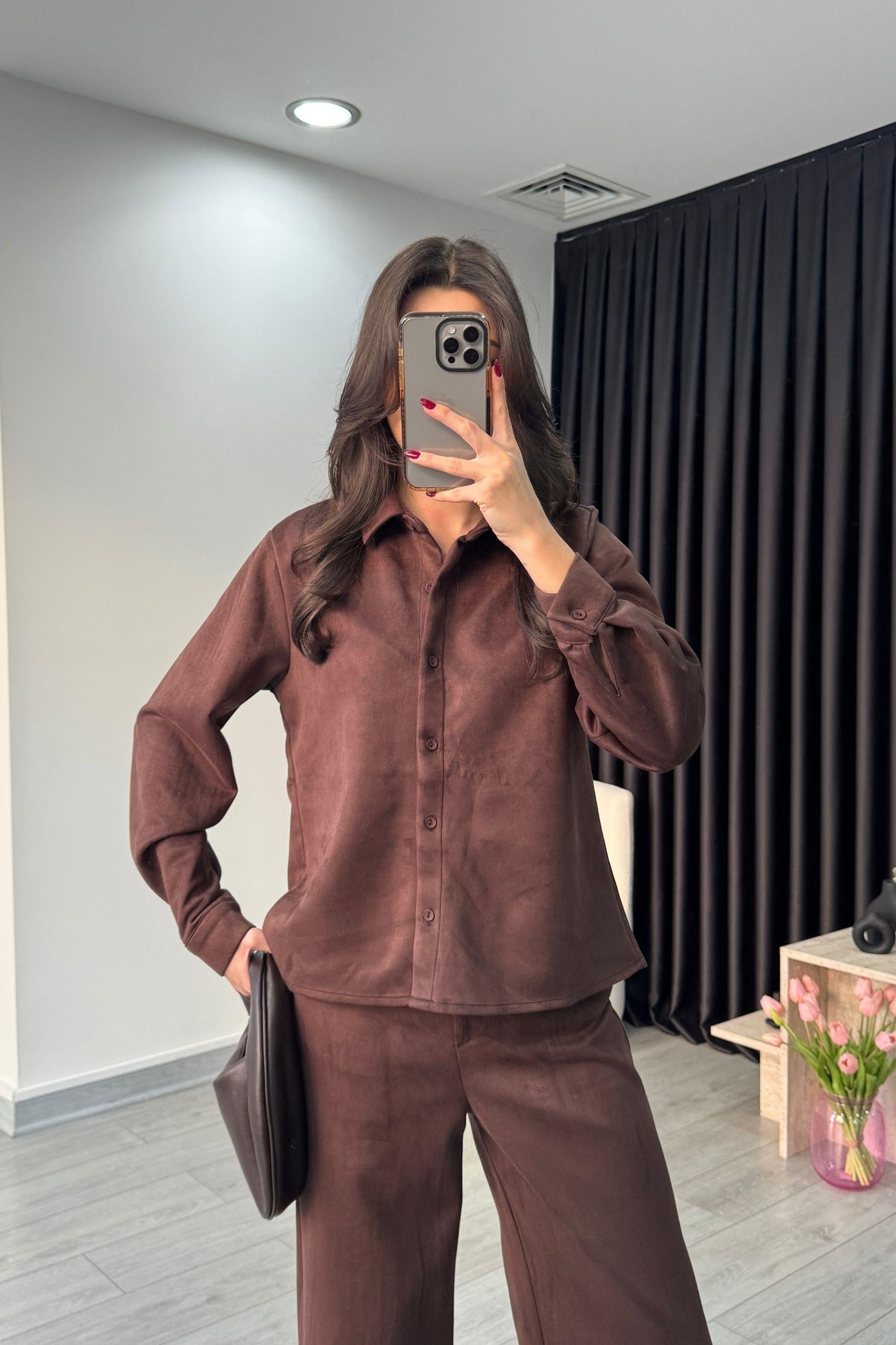 Acı Kahve Süet Gömlek Pantolon Takım