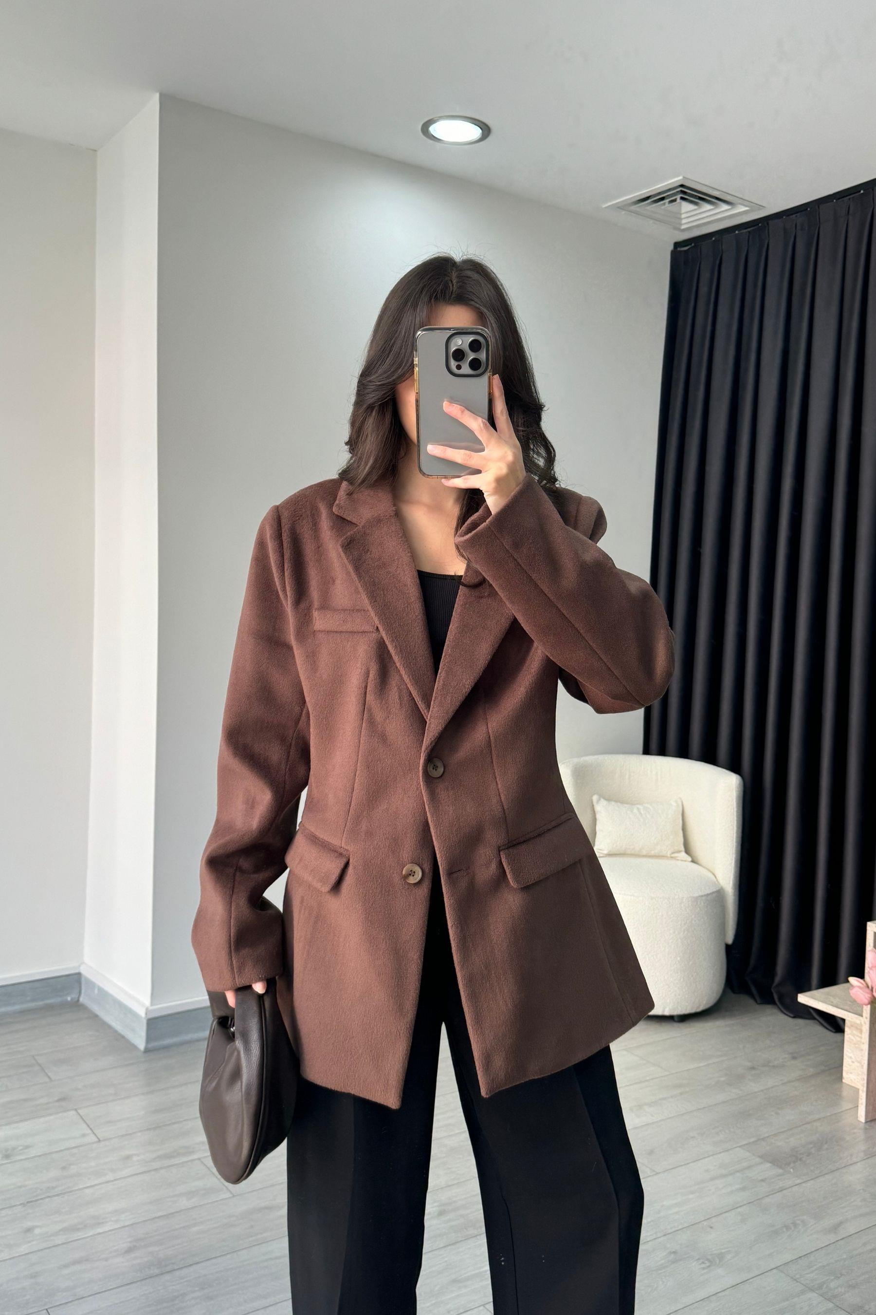 Kahve Belden Oturtmalı Kaşe Ceket