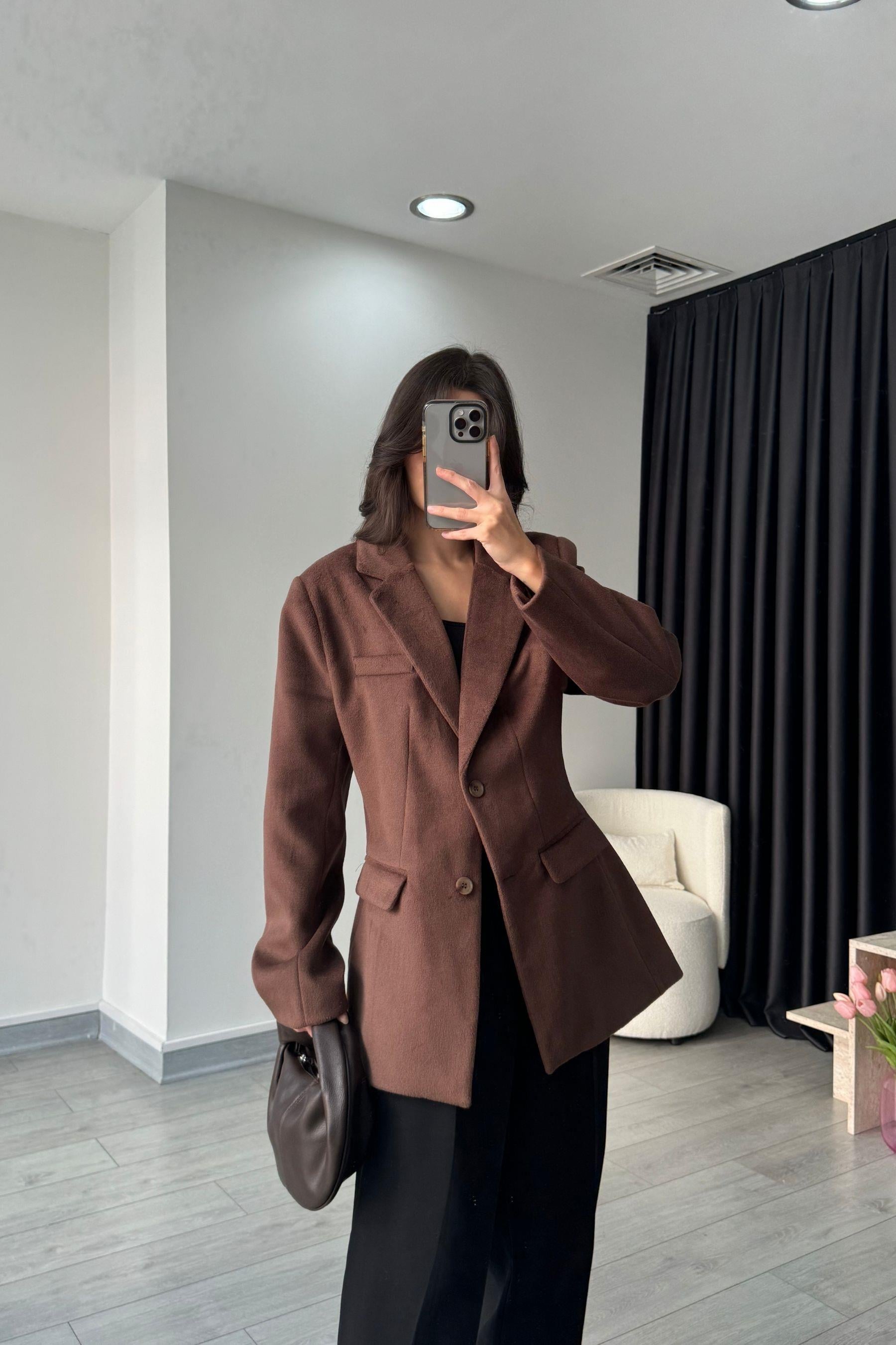 Kahve Belden Oturtmalı Kaşe Ceket