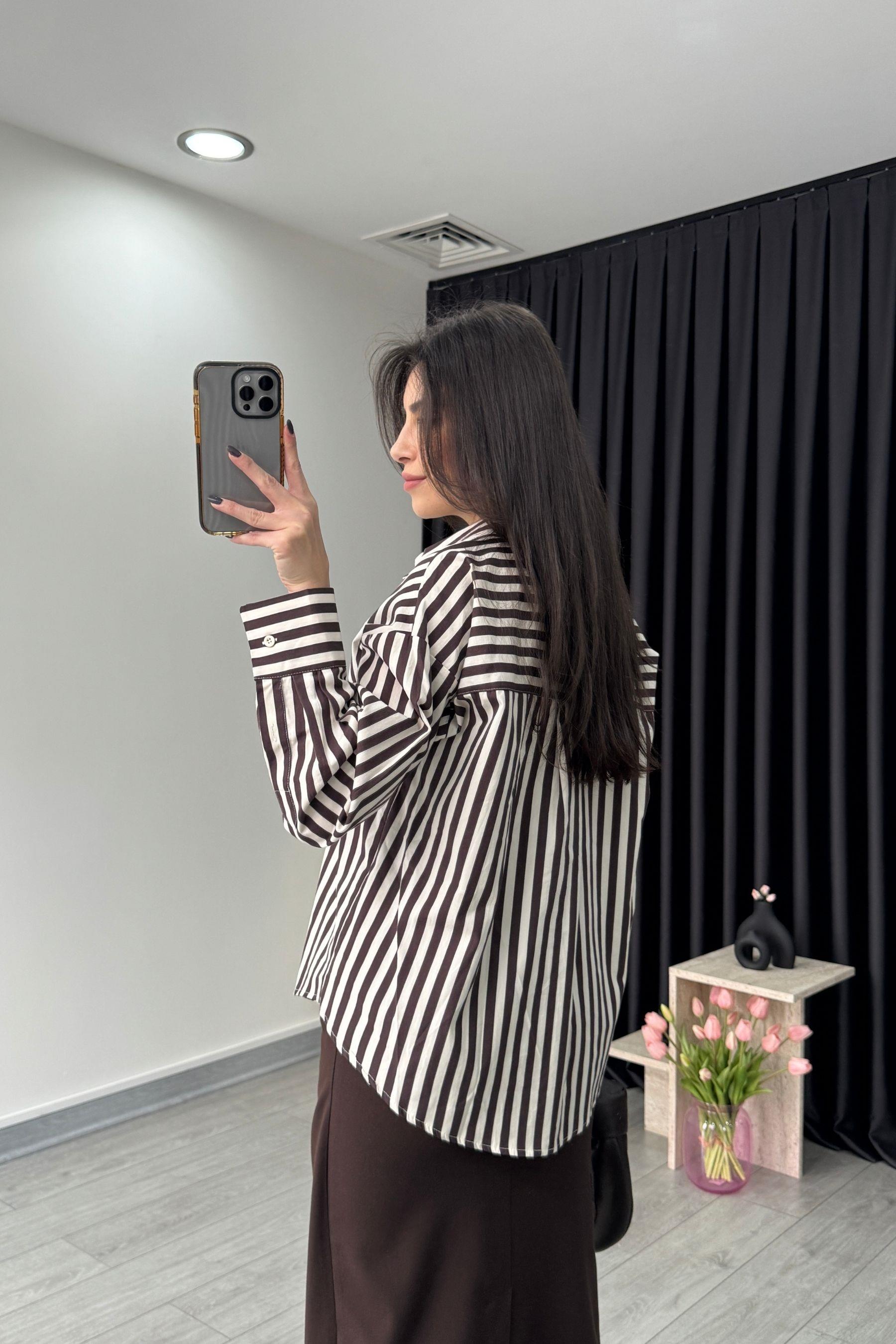 Kahve Çizgili Poplin Gömlek