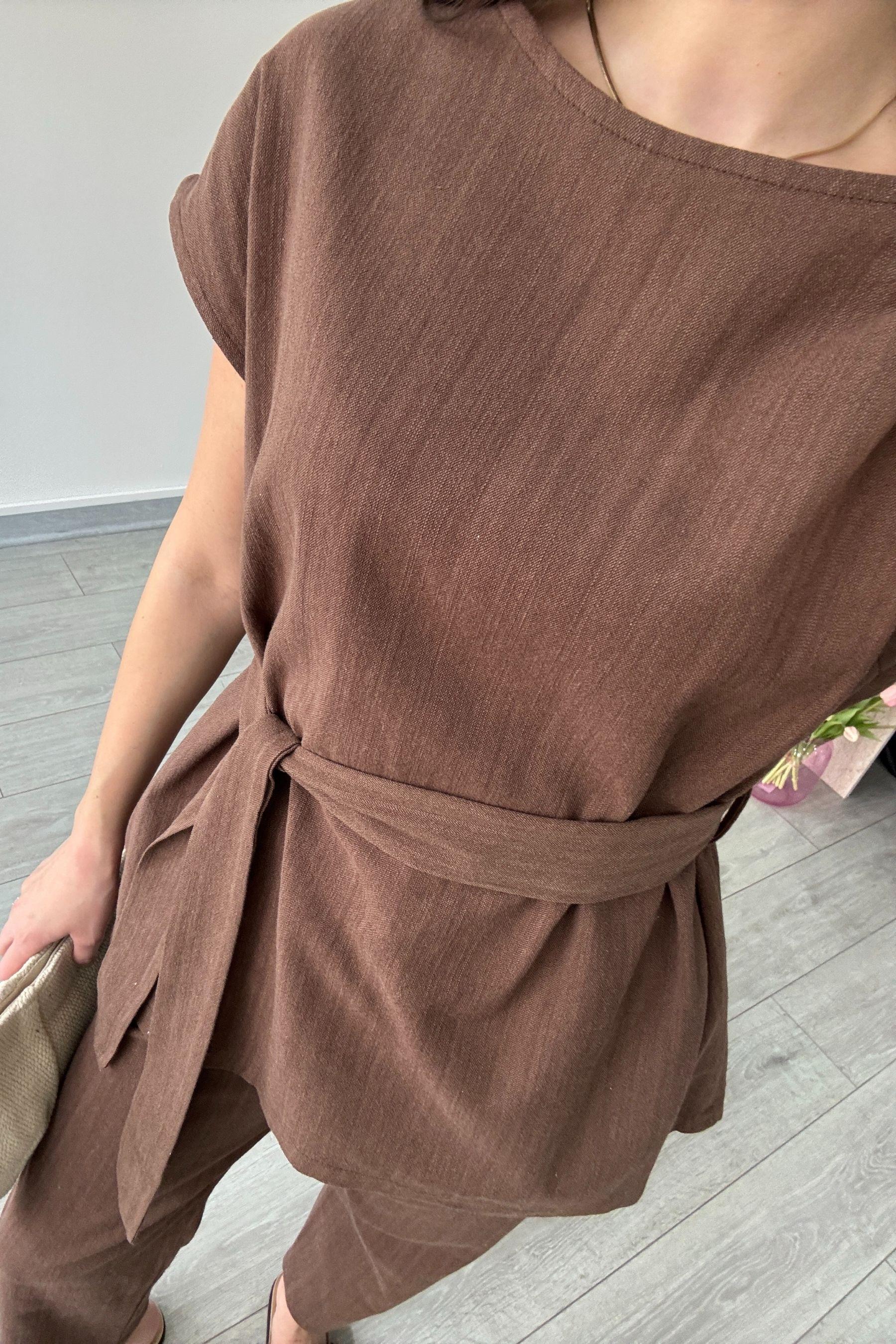 Kahve Omzu Burgulu Keten Bluz Pantolon Takım