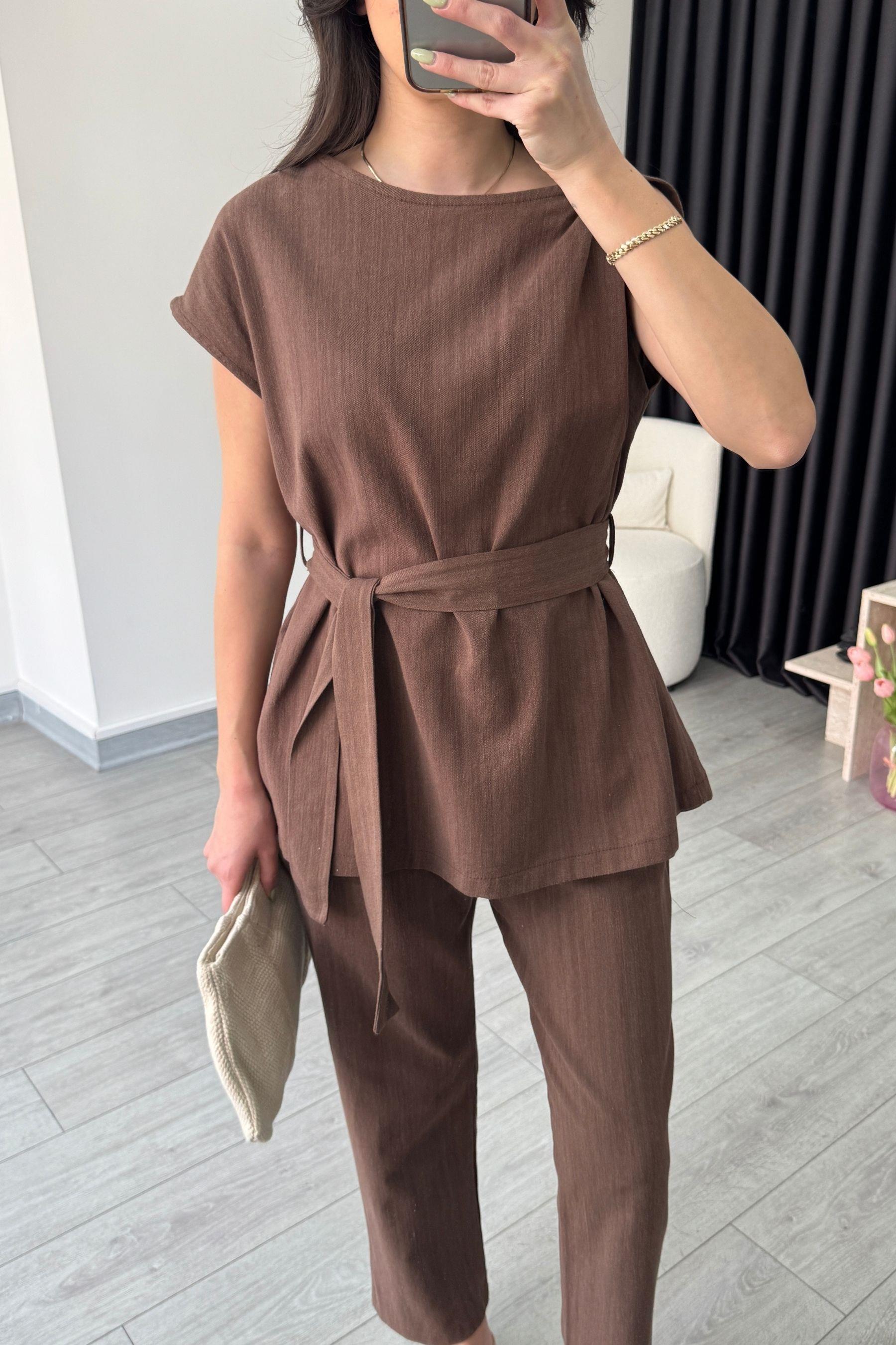 Kahve Omzu Burgulu Keten Bluz Pantolon Takım