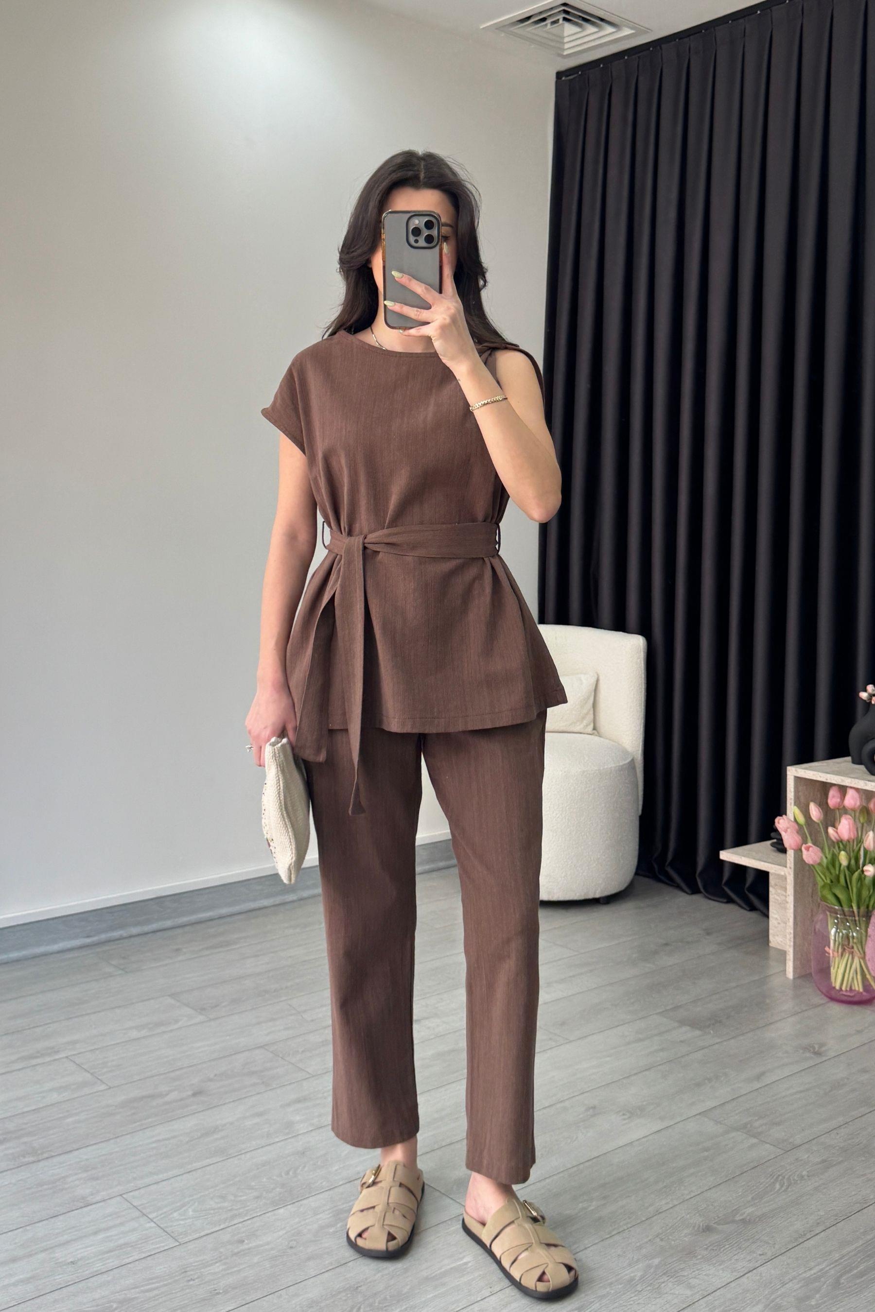 Kahve Omzu Burgulu Keten Bluz Pantolon Takım