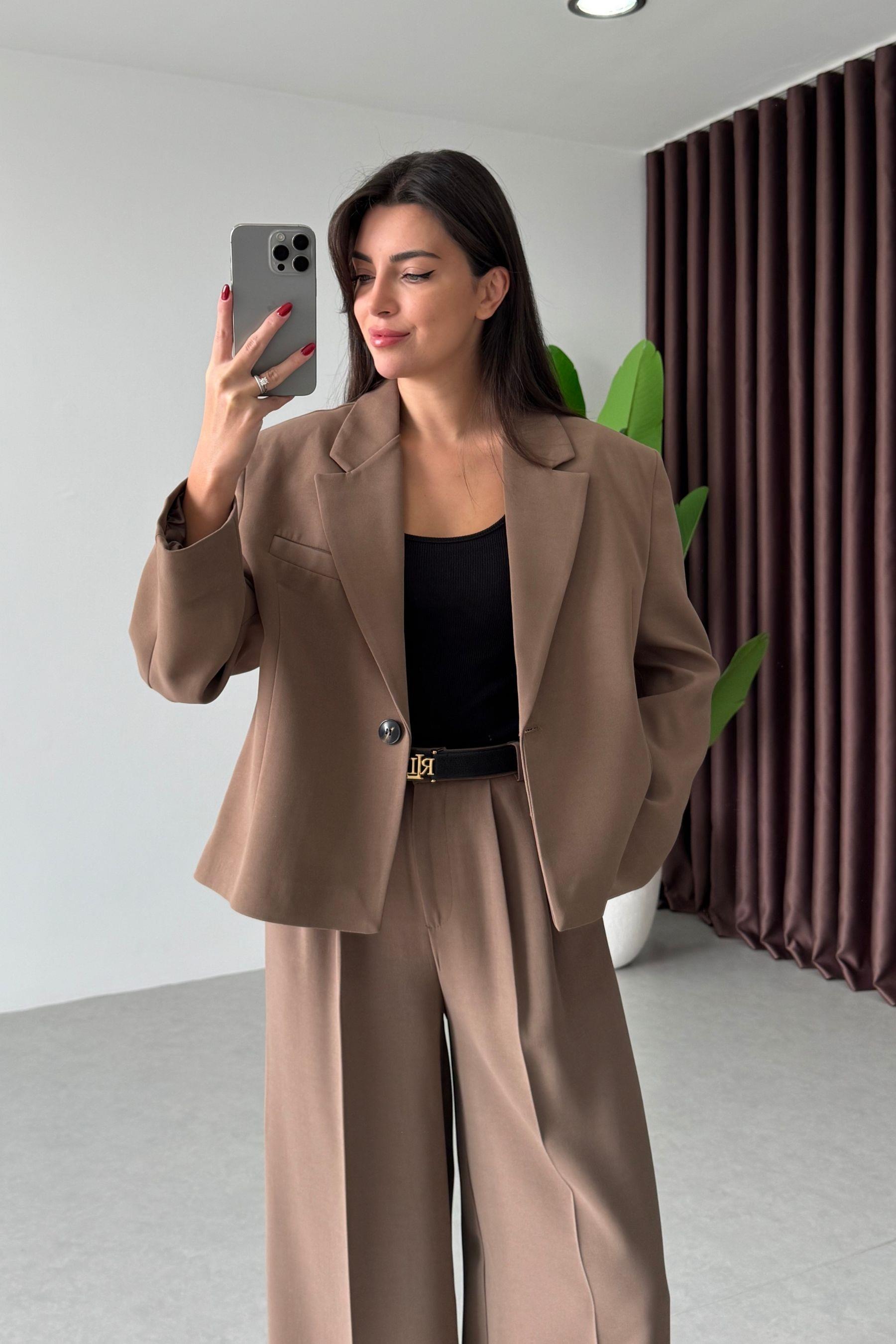 Kapel Camel Krep Kumaş Ceket Pantolon Takım