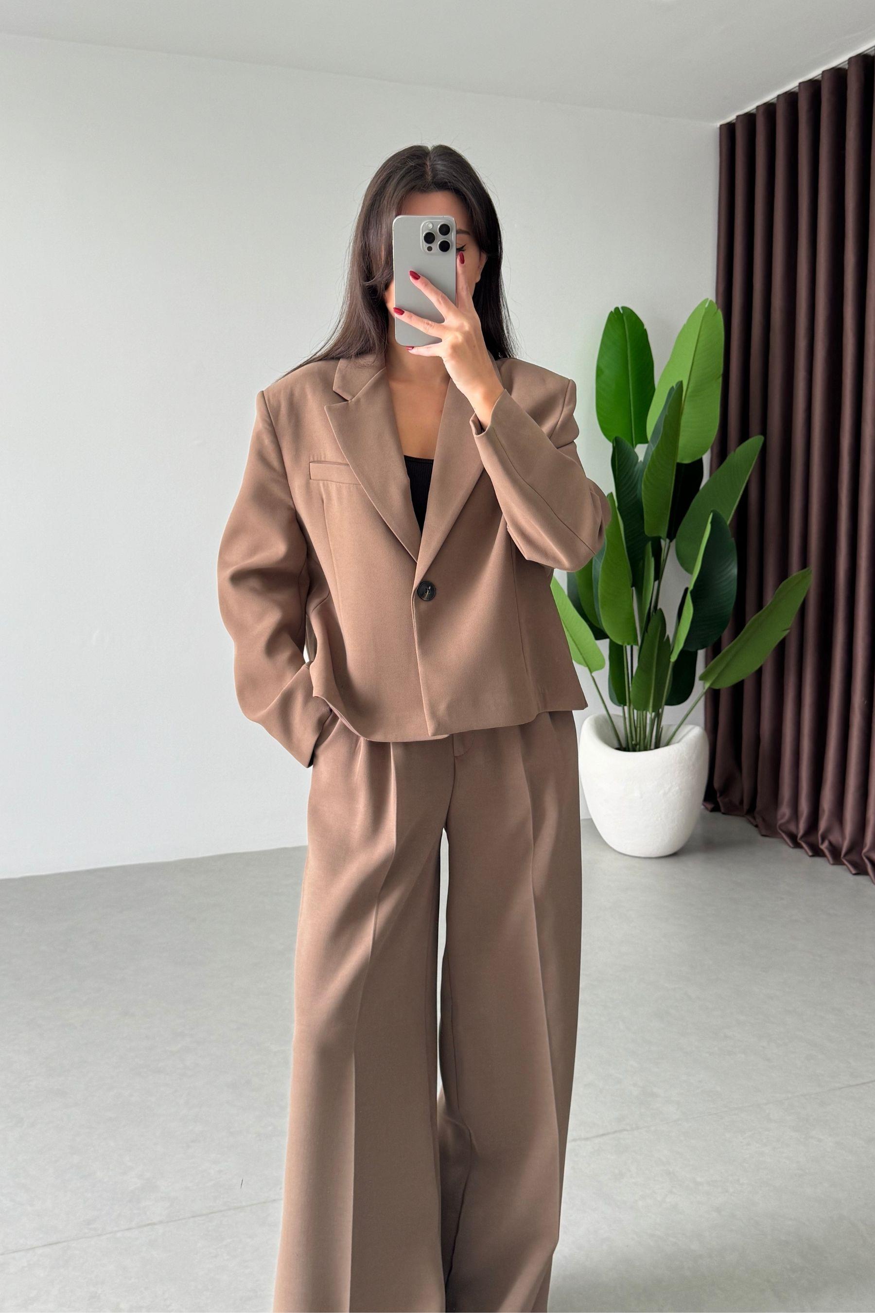 Kapel Camel Krep Kumaş Ceket Pantolon Takım