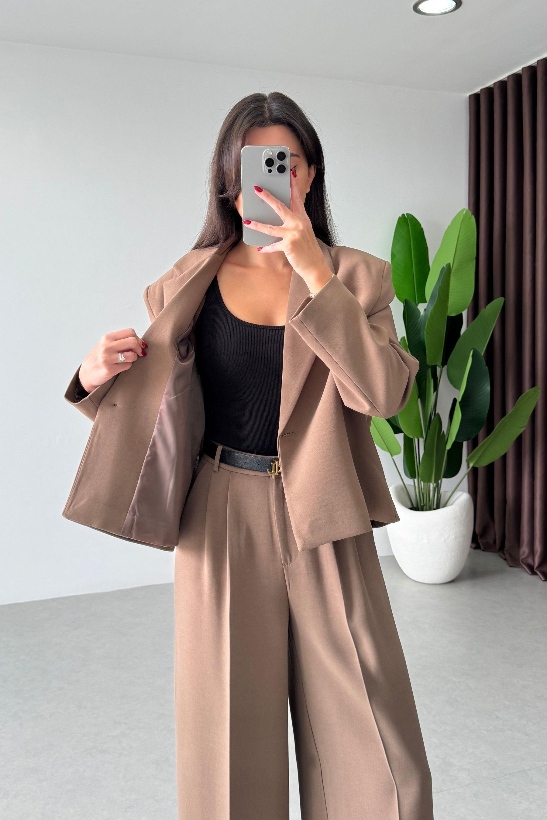 Kapel Camel Krep Kumaş Ceket Pantolon Takım