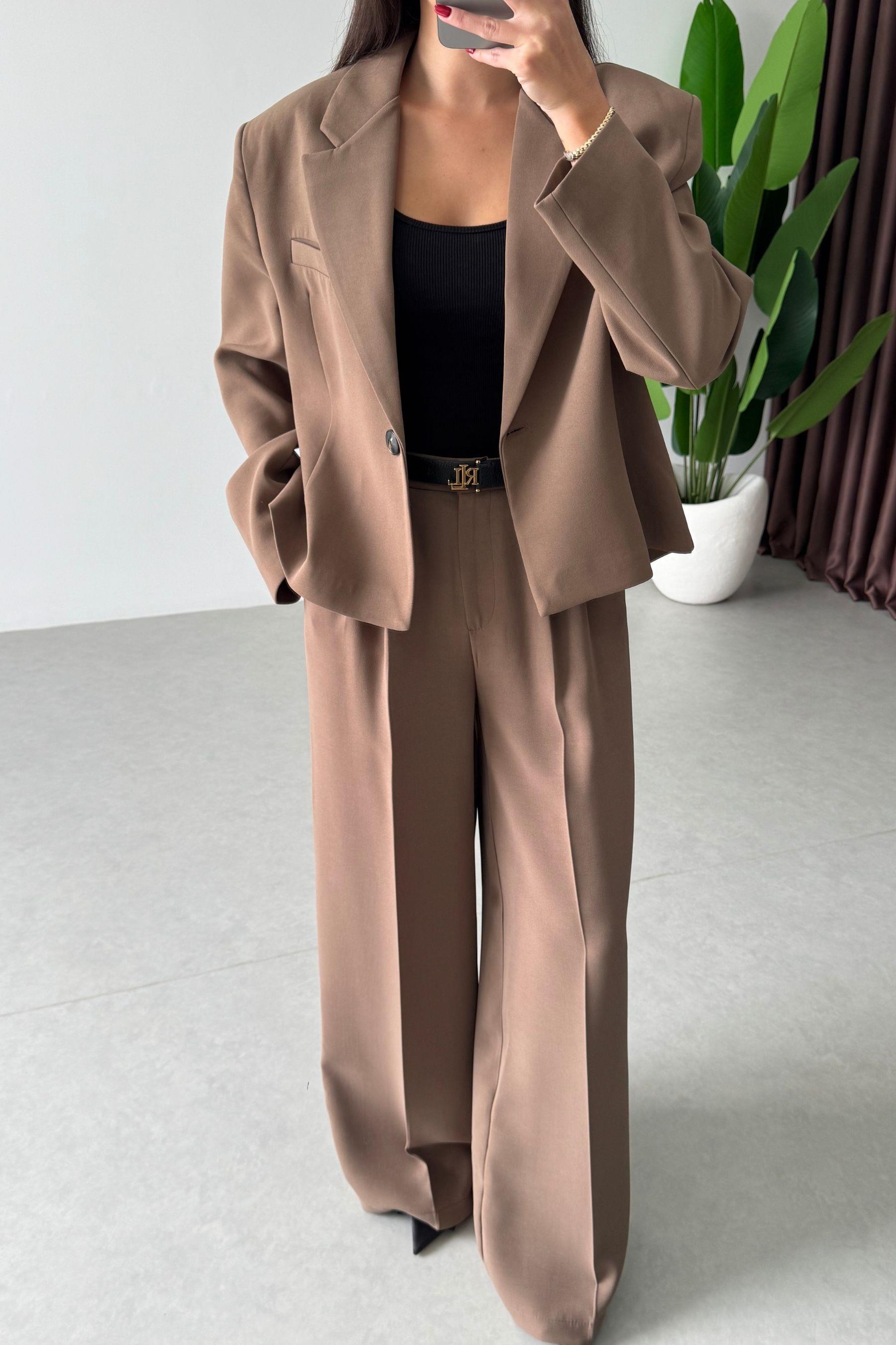 Kapel Camel Krep Kumaş Ceket Pantolon Takım