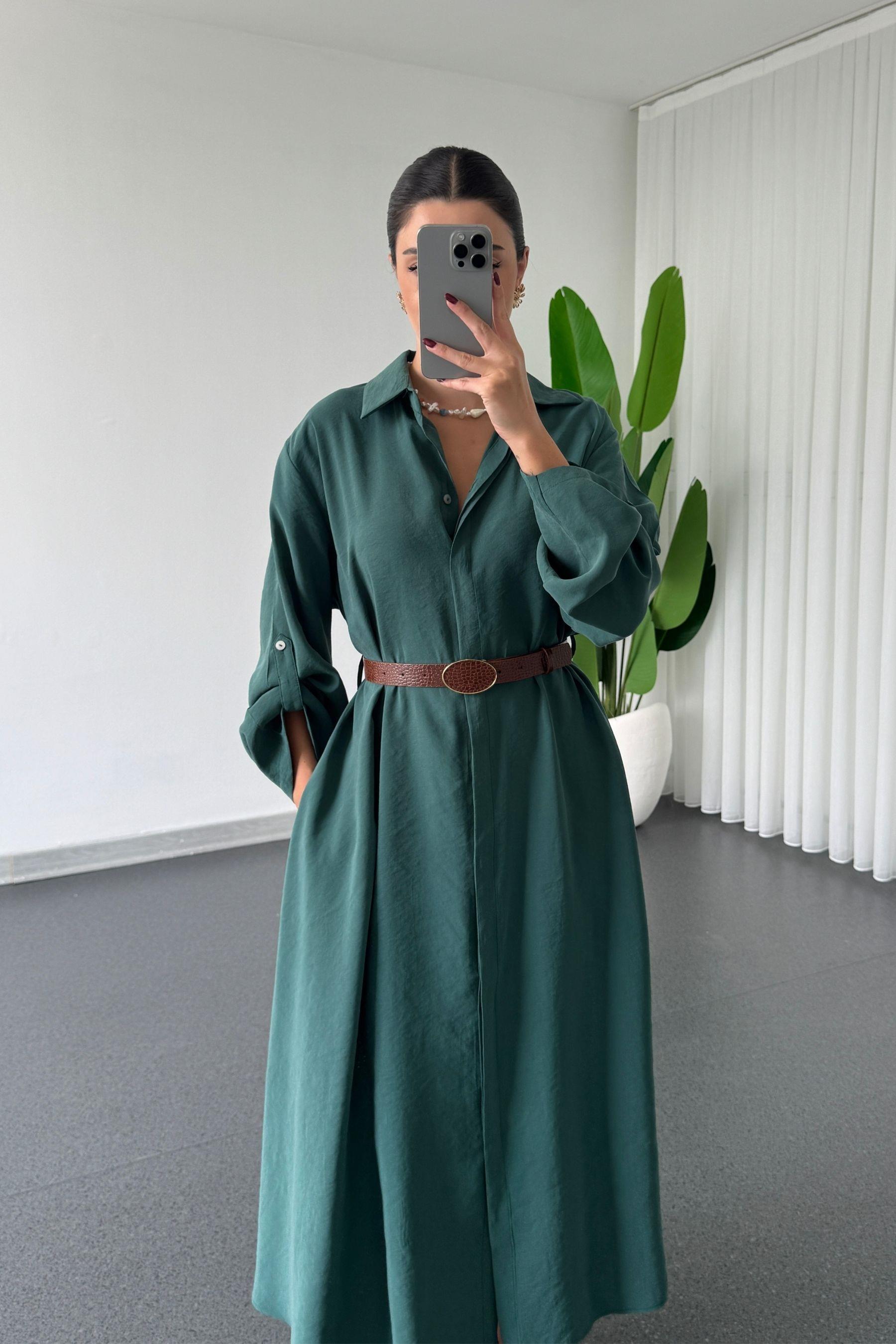Karla Zümrüt Modal Kumaş Kemerli Gömlek Elbise