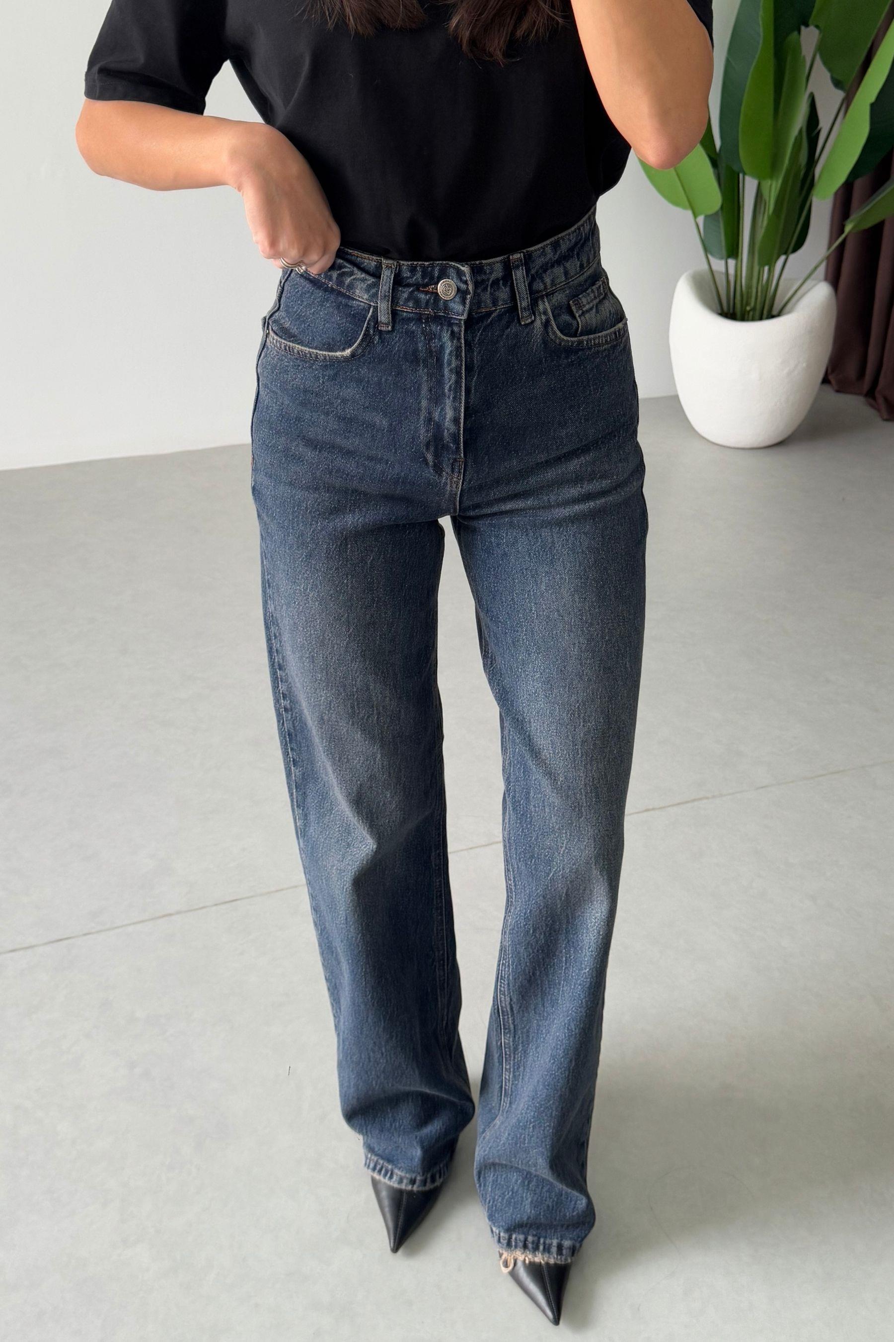 Karlin Koyu Mavi Yıkamalı Wide Leg Jean