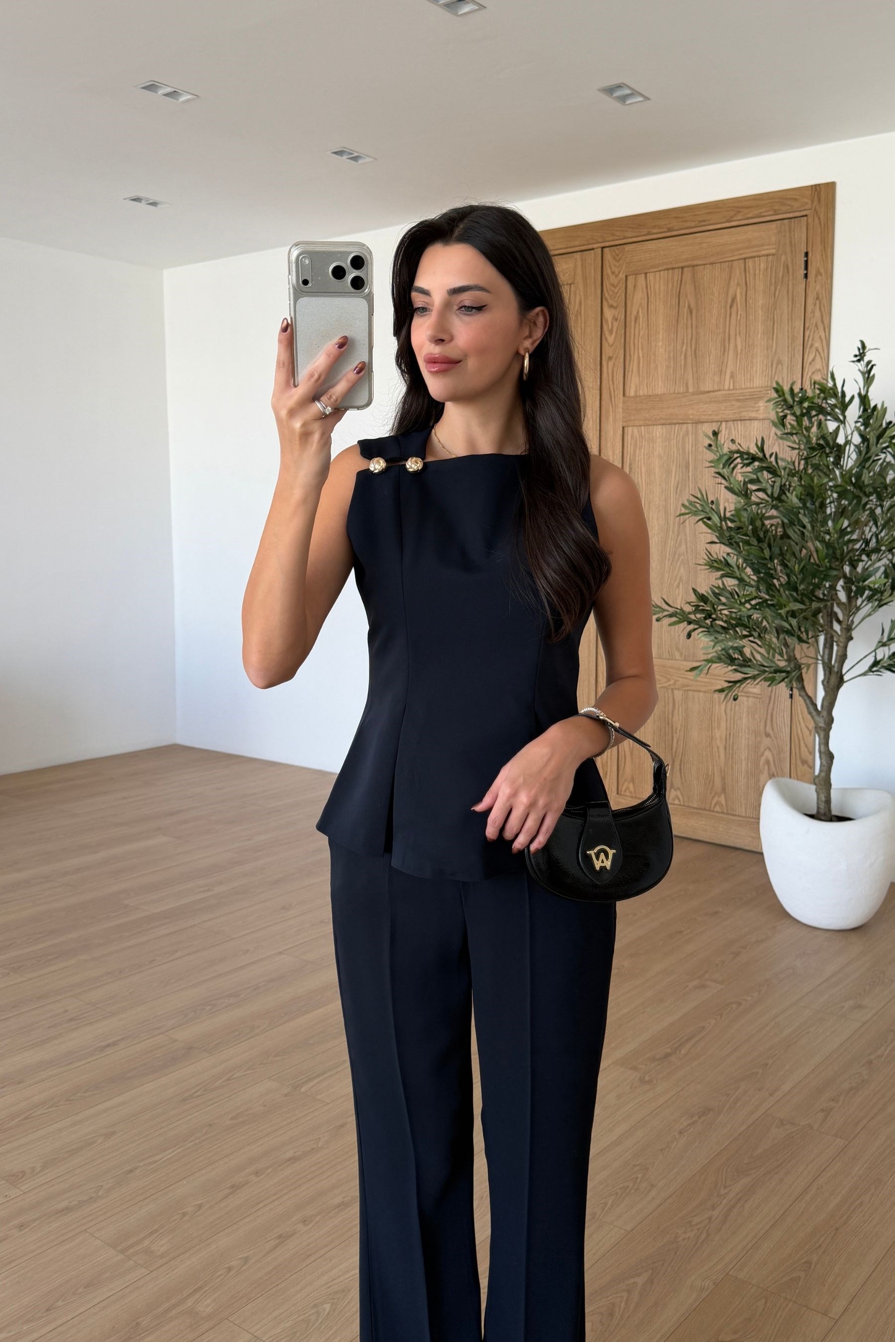 Kelly Lacivert Gold Düğmeli Bluz Pantolon Takım