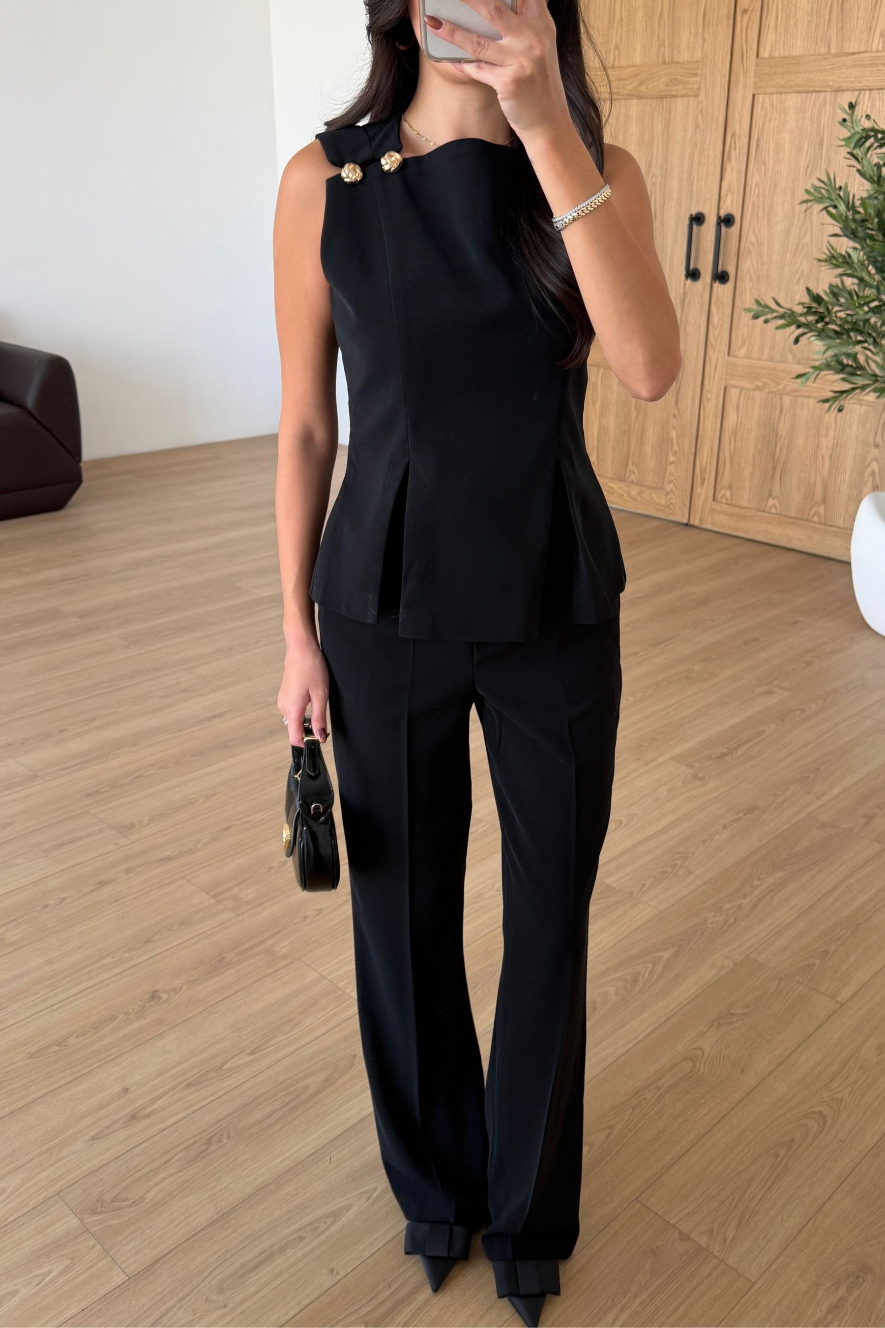 Kelly Siyah Gold Düğmeli Bluz Pantolon Takım