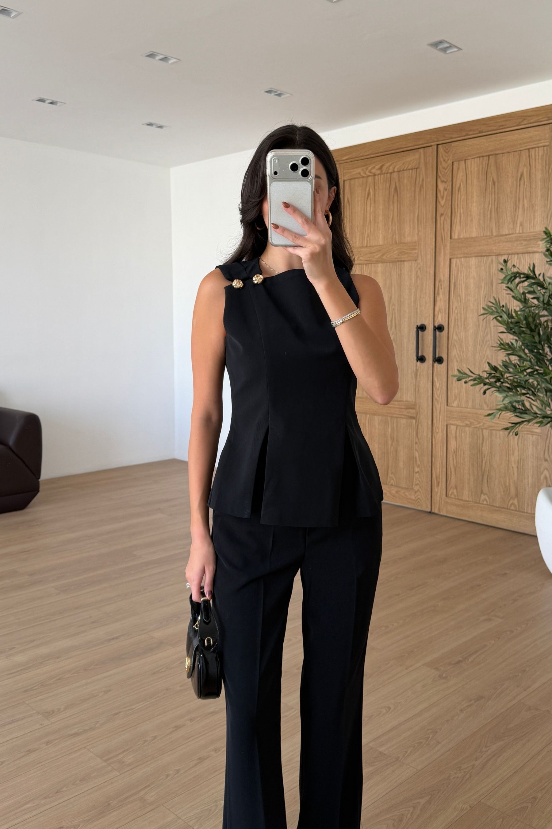 Kelly Siyah Gold Düğmeli Bluz Pantolon Takım