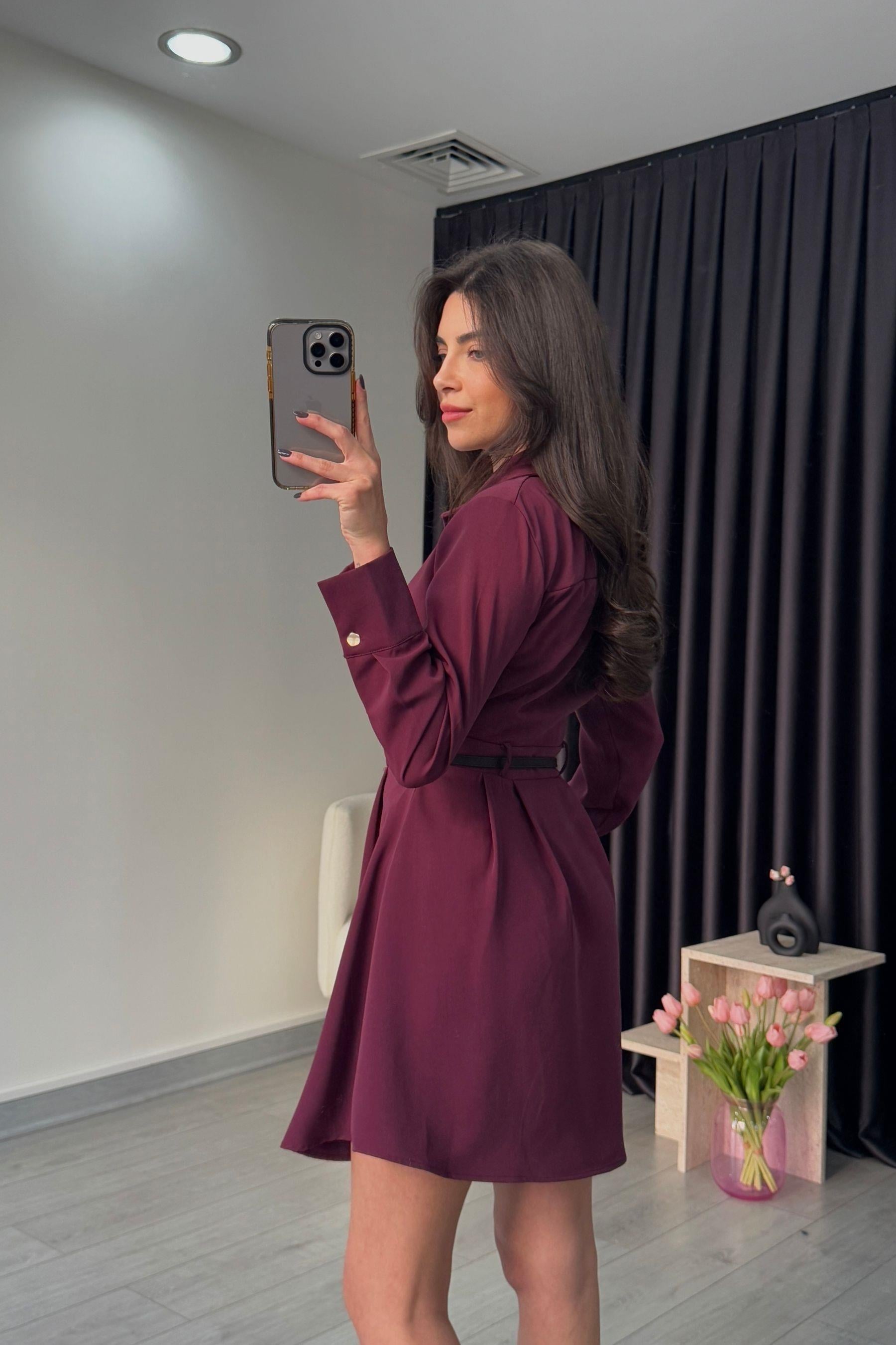 Kemerli Krep Kumaş Mürdüm Elbise