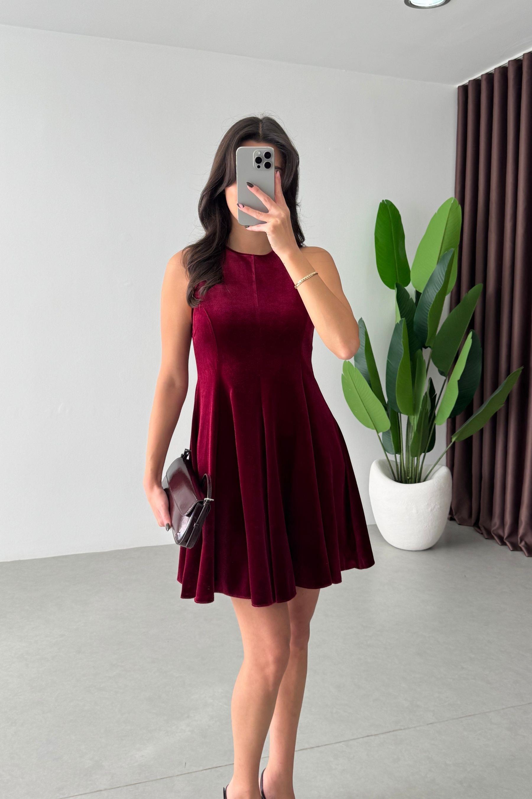 Ketty Bordo Kadife Volanlı Mini Elbise