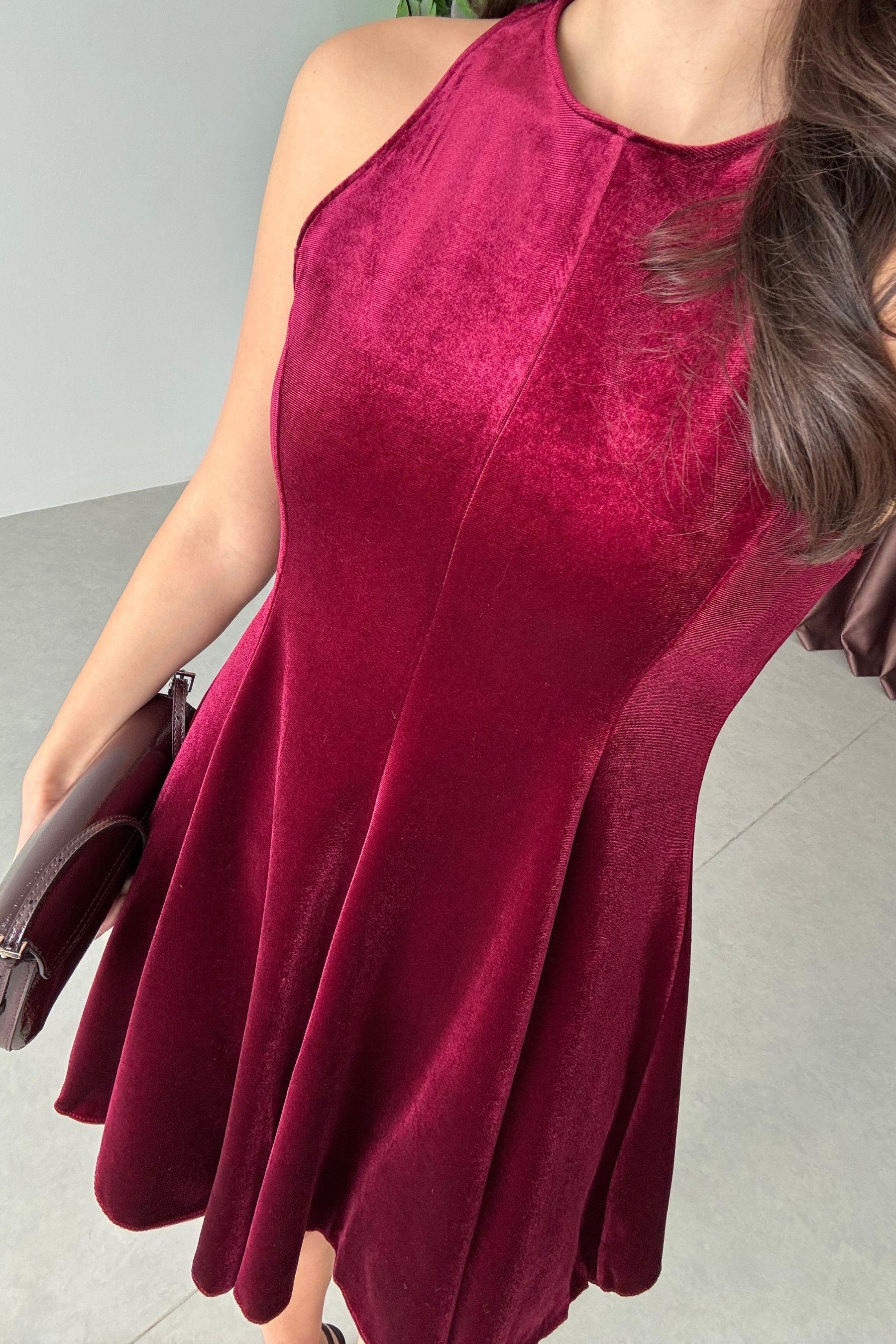 Ketty Bordo Kadife Volanlı Mini Elbise