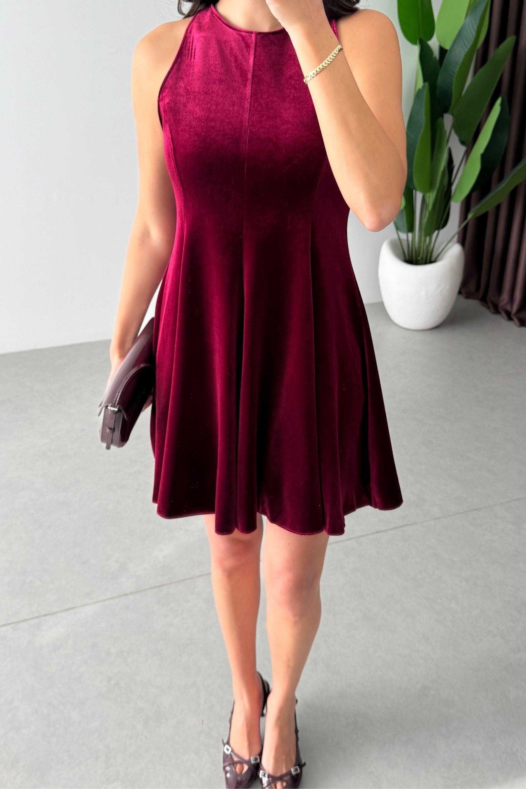 Ketty Bordo Kadife Volanlı Mini Elbise