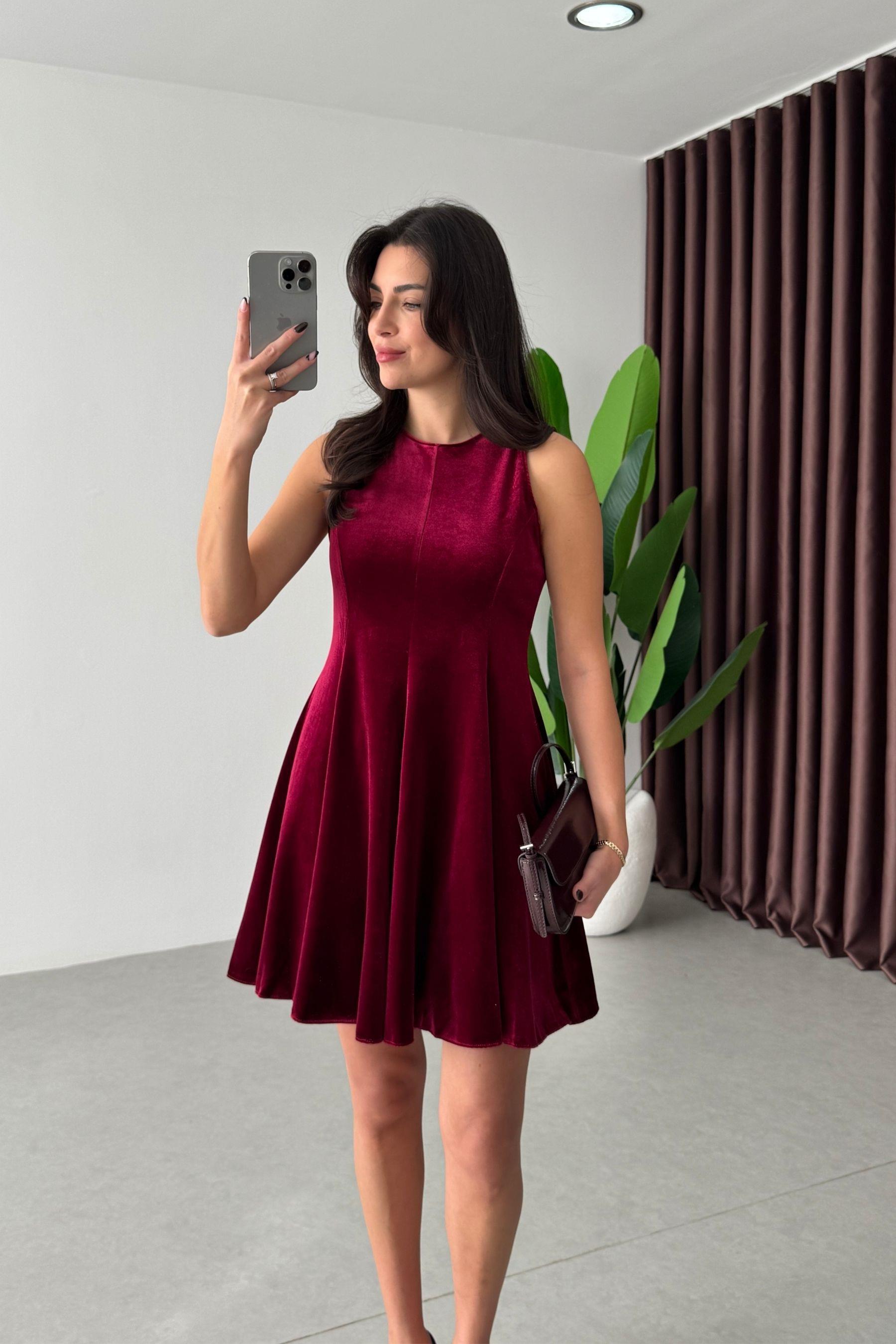 Ketty Bordo Kadife Volanlı Mini Elbise