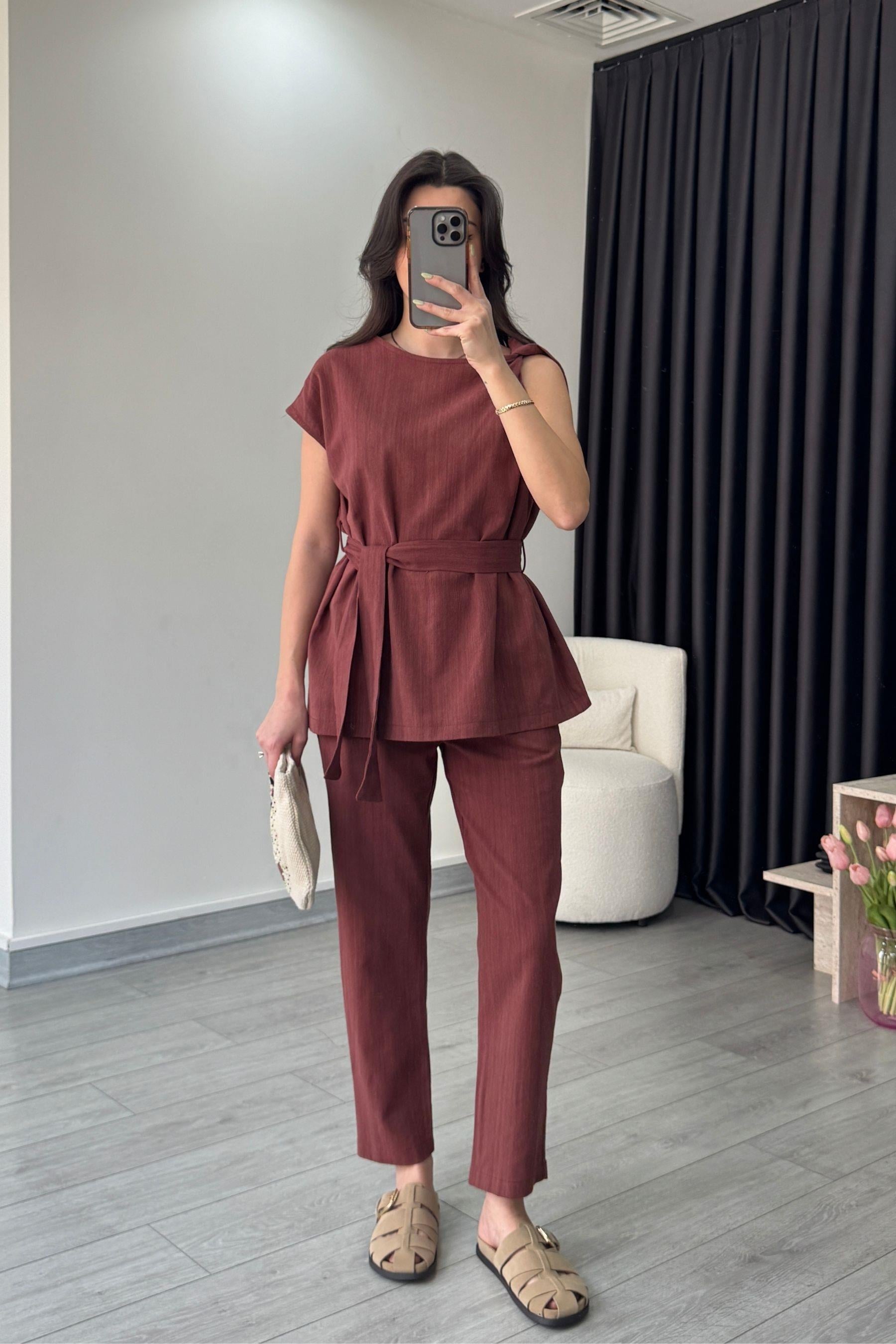 Kiremit Omzu Burgulu Keten Bluz Pantolon Takım