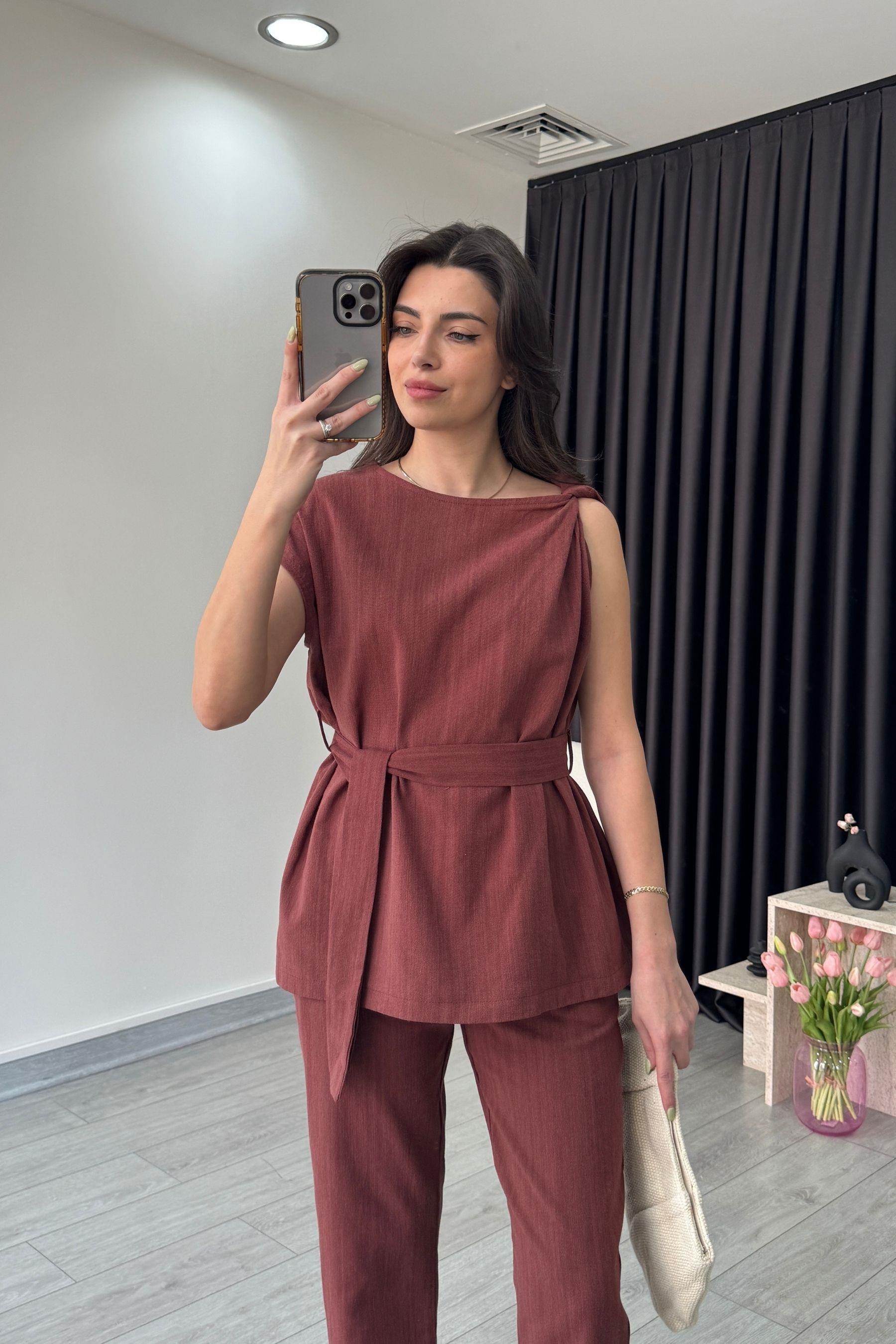 Kiremit Omzu Burgulu Keten Bluz Pantolon Takım