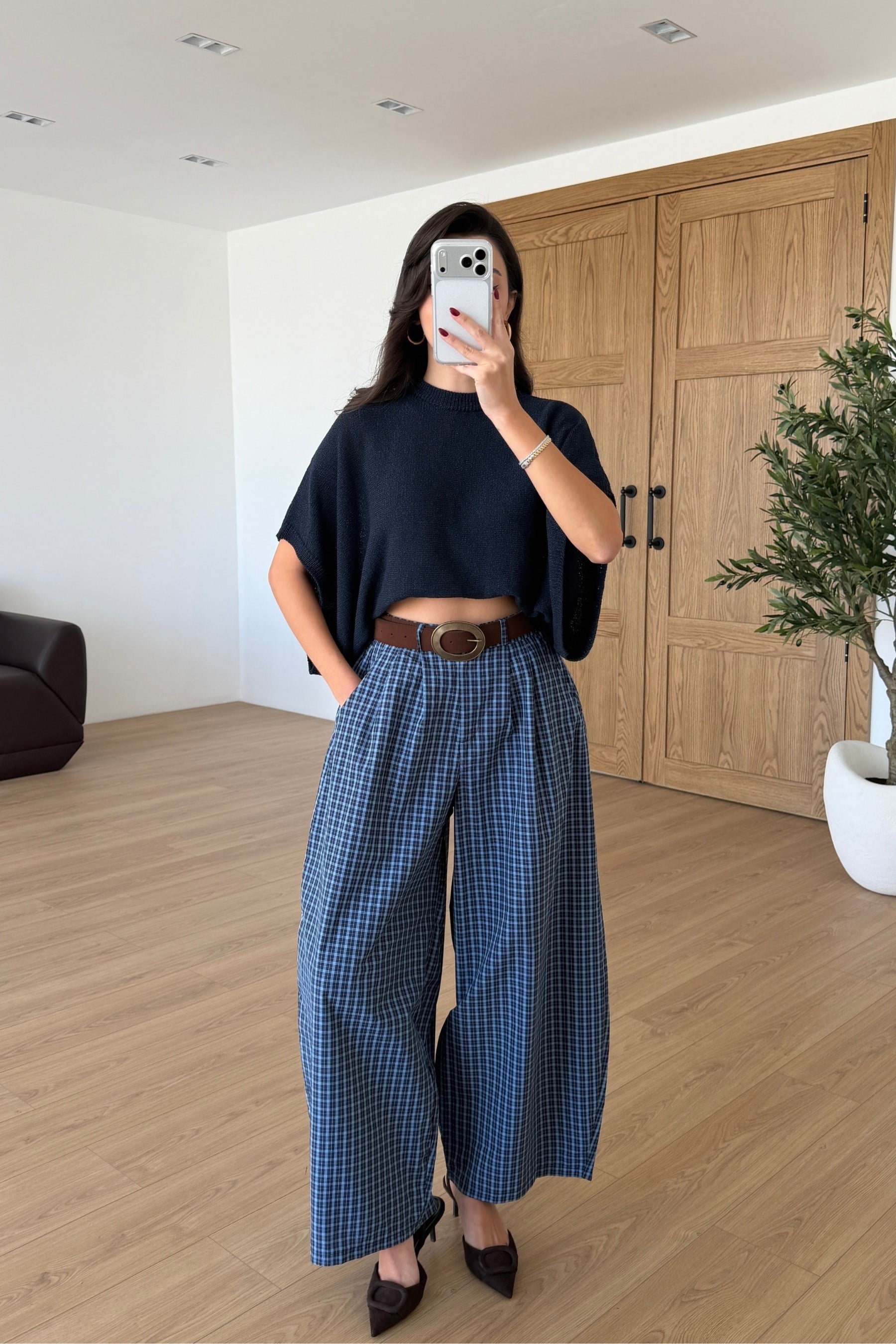 Kozy Lacivert Ekoseli Kemerli Pantolon