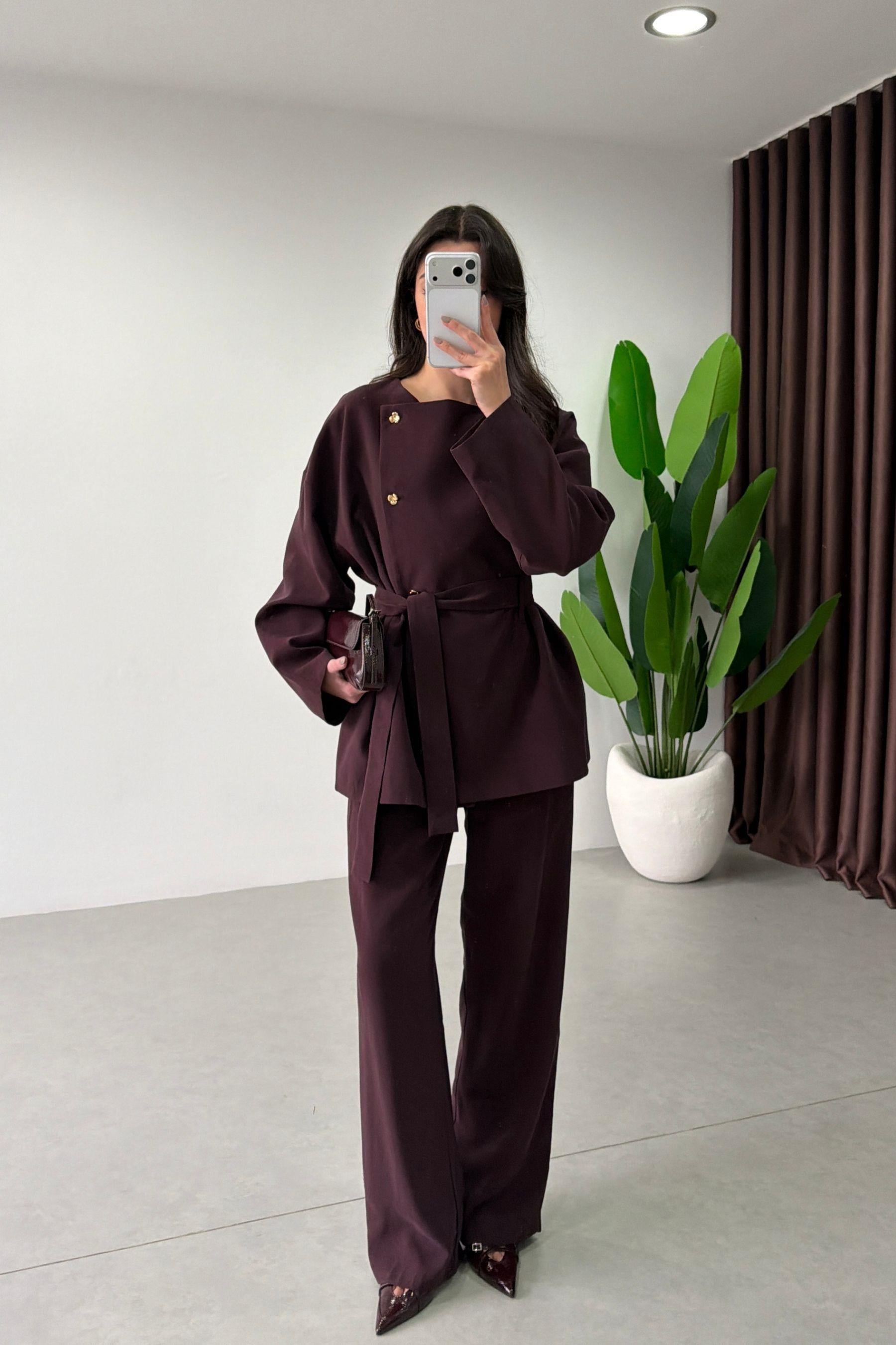 Lanie Mürdüm Kuşaklı Ceket Pantolon Takım