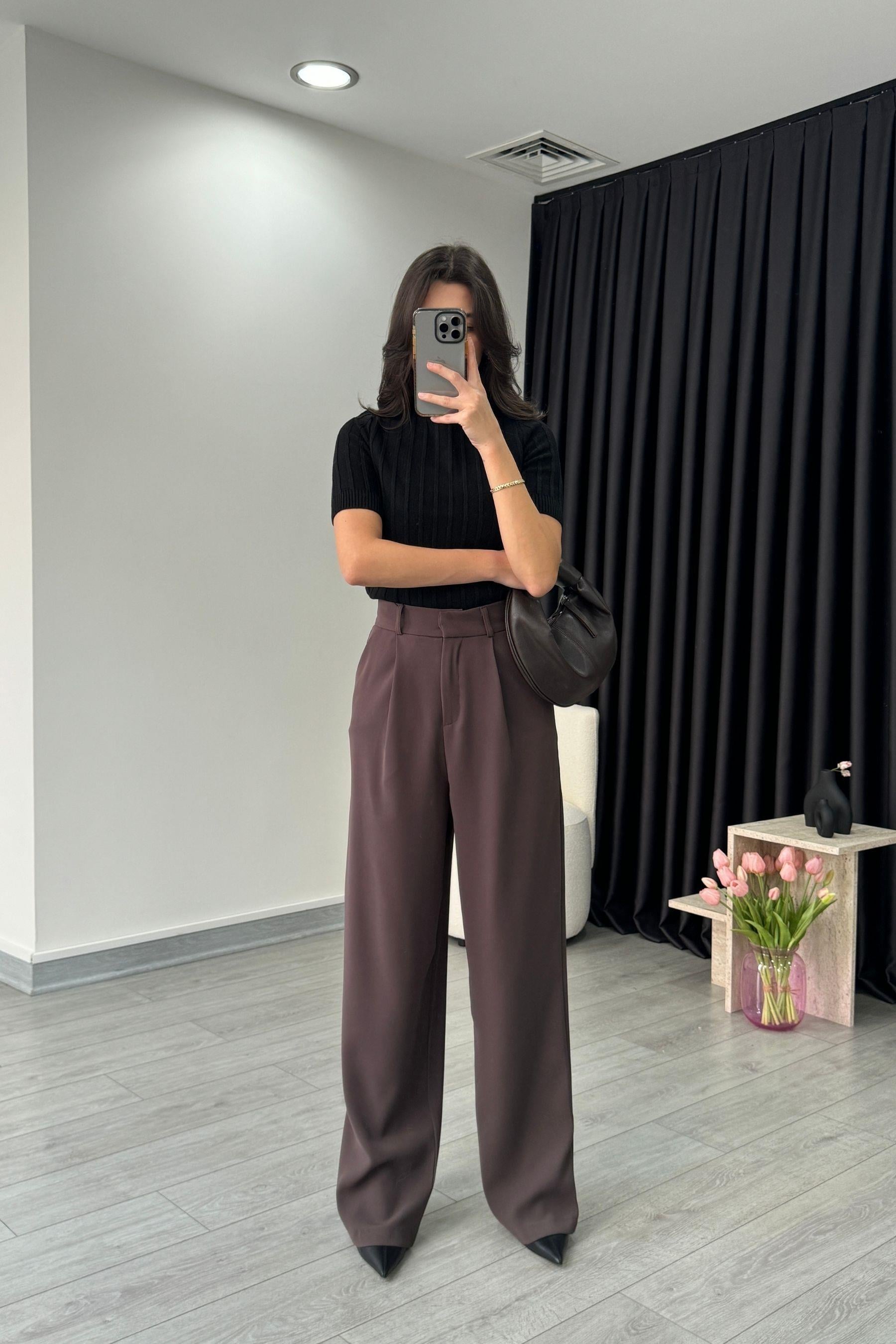 Lara Premium Kahve Krep Kumaş Palazzo Pantolon
