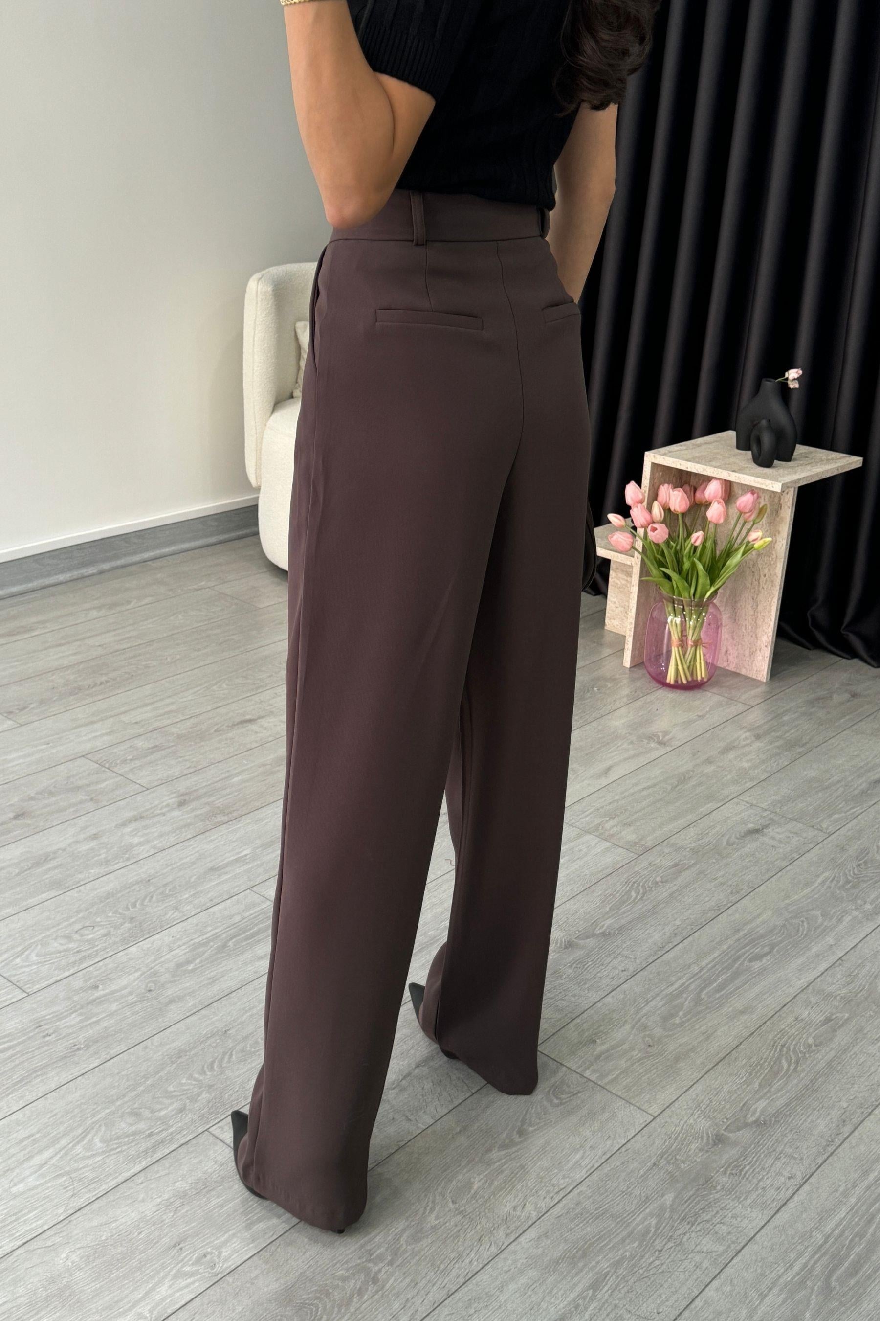 Lara Premium Kahve Krep Kumaş Palazzo Pantolon