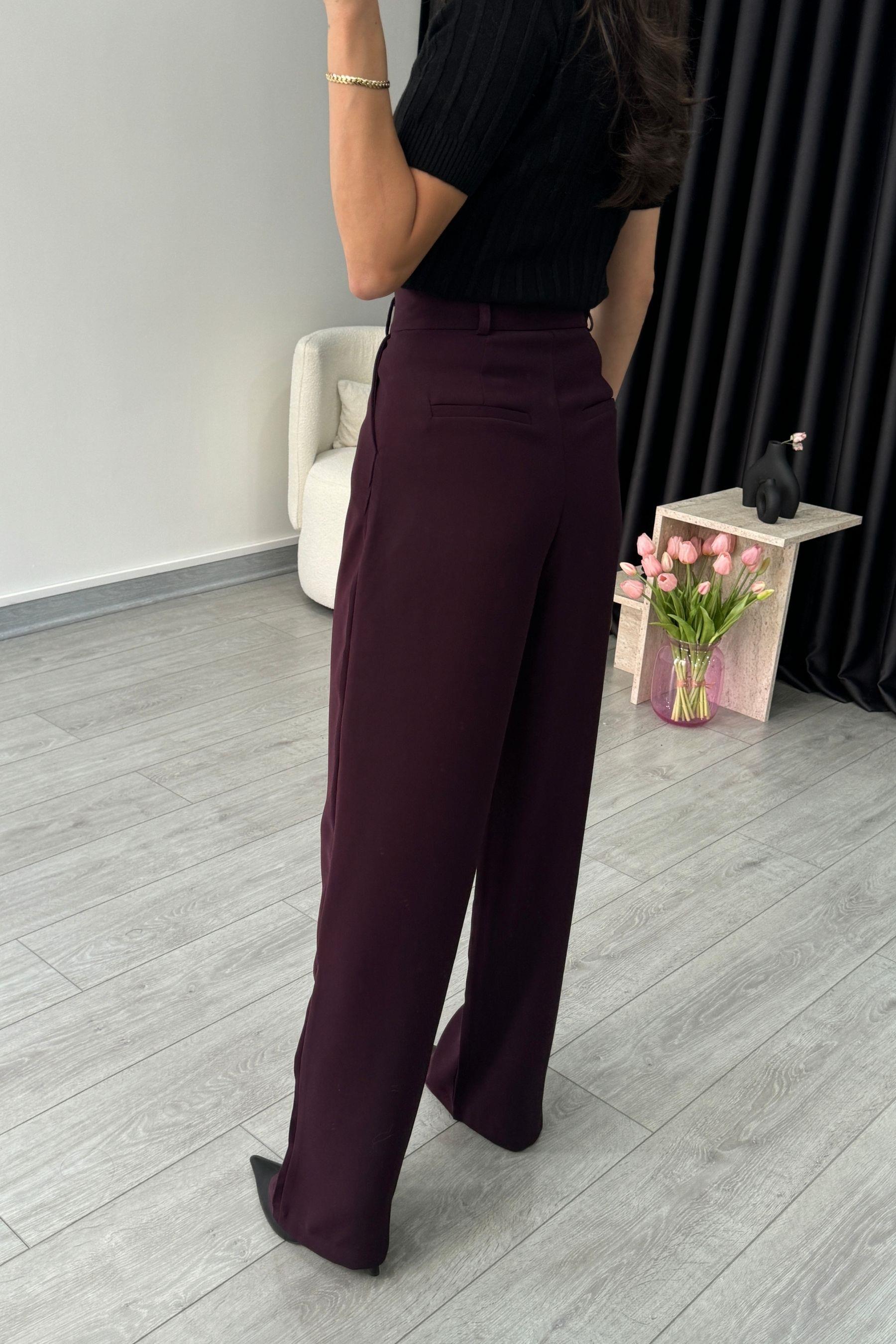 Lara Premium Mürdüm Krep Kumaş Palazzo Pantolon