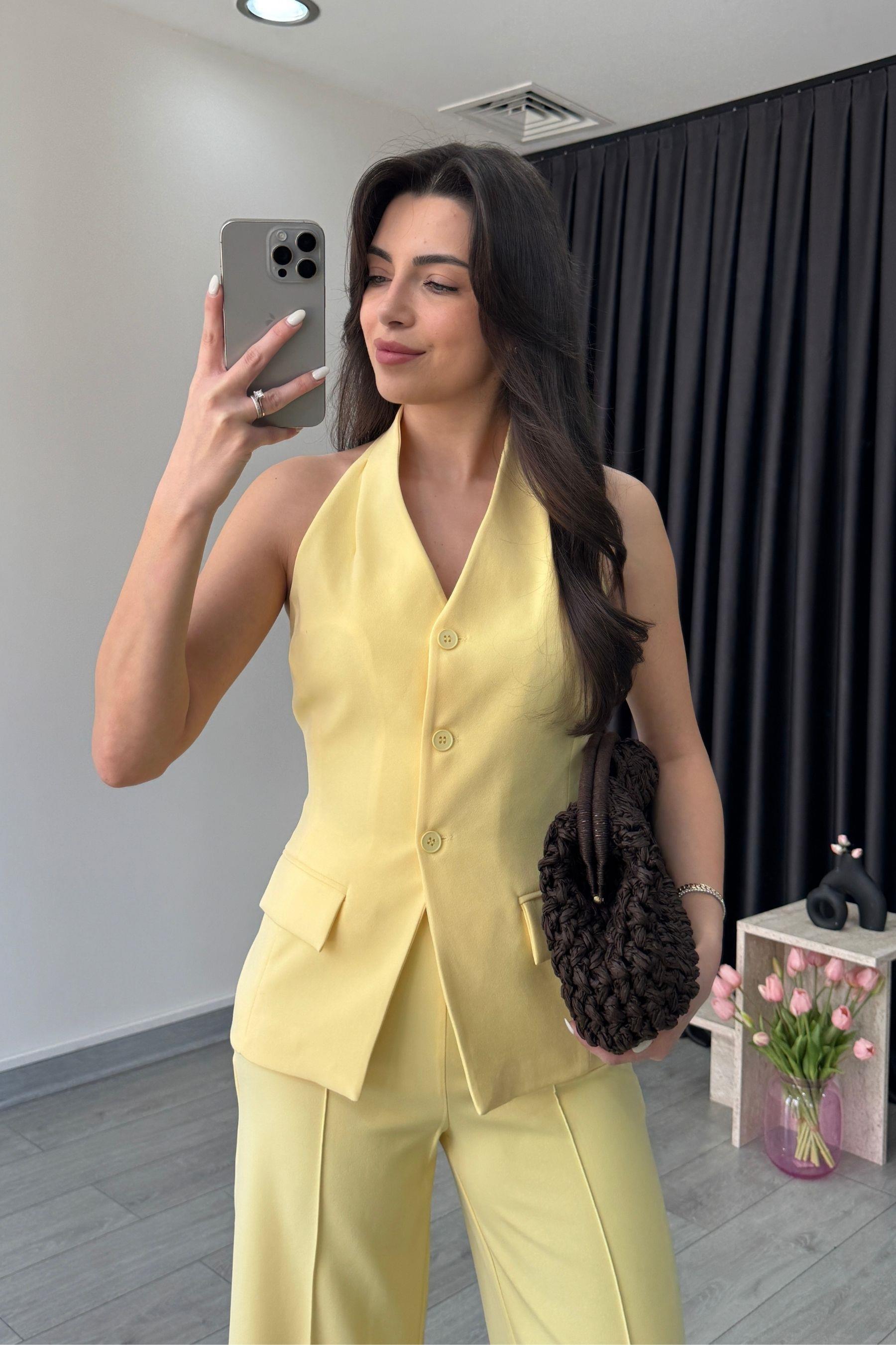 Leila Sarı Yelek Pantolon Takım