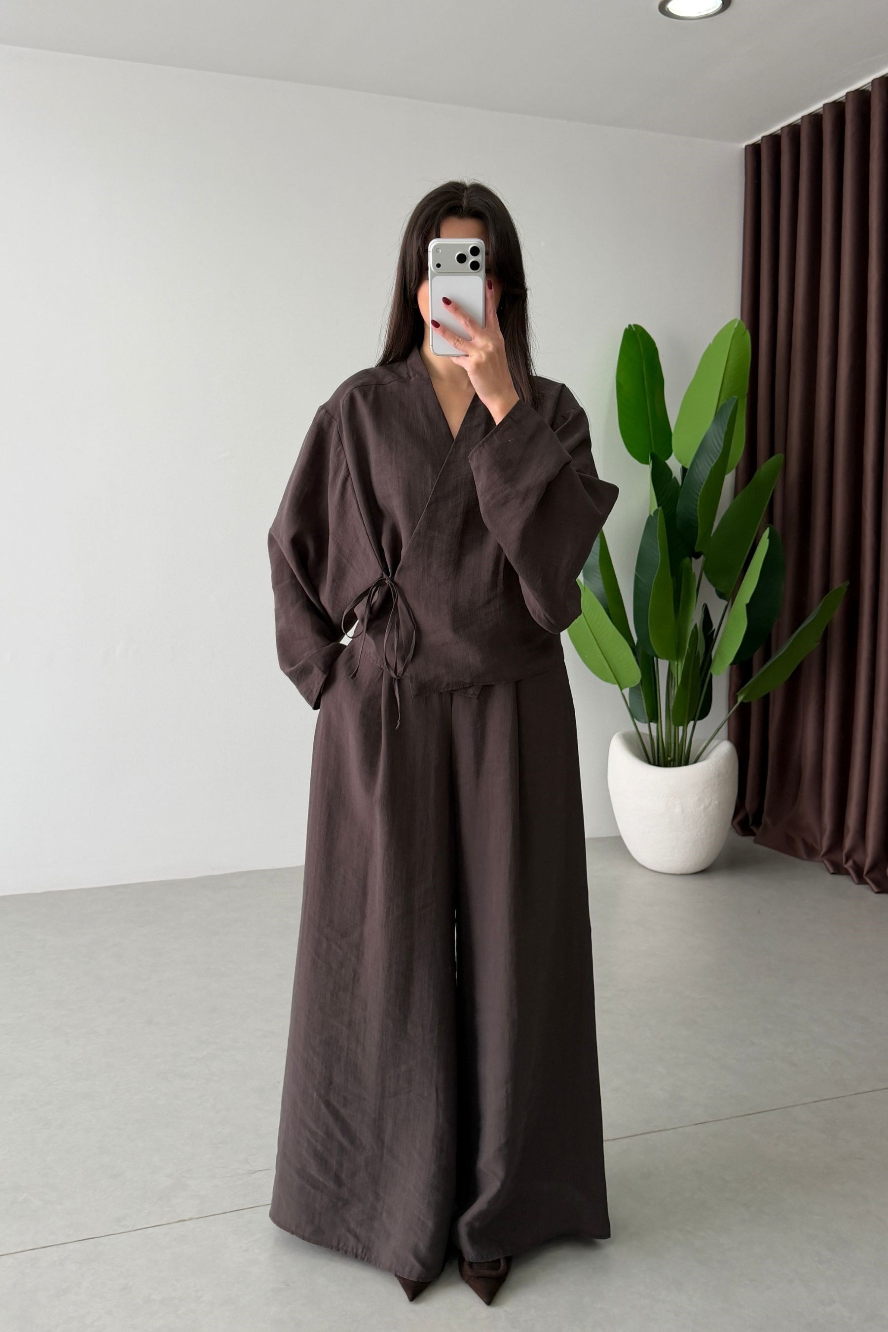 Limba Kahve Tensel Kimono Pantolon Takım