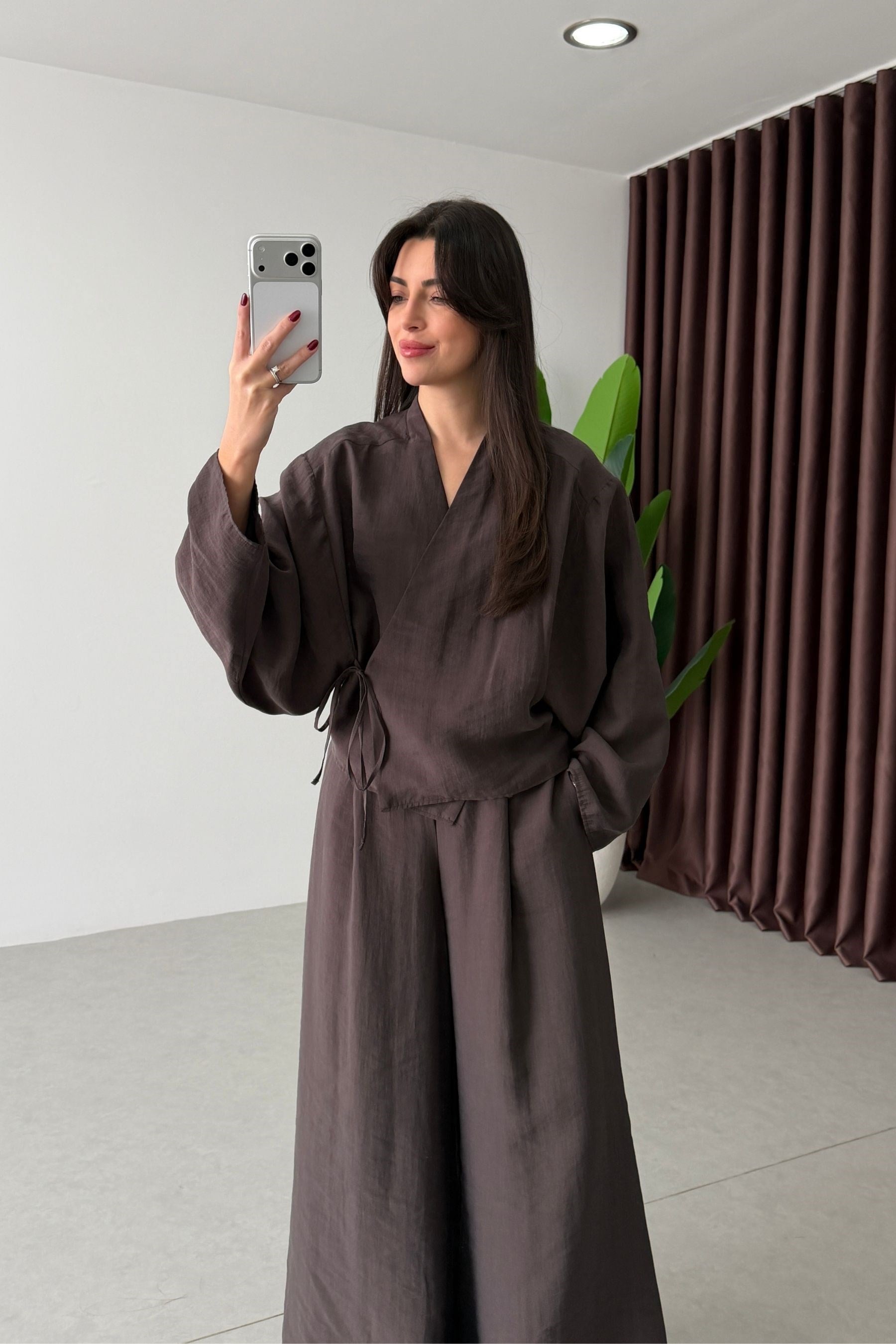 Limba Kahve Tensel Kimono Pantolon Takım