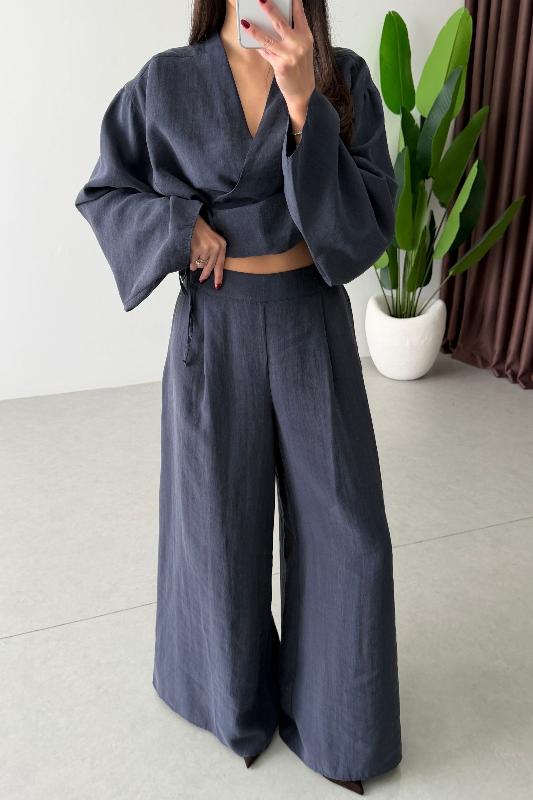 Limba Lacivert Tensel Kimono Pantolon Takım