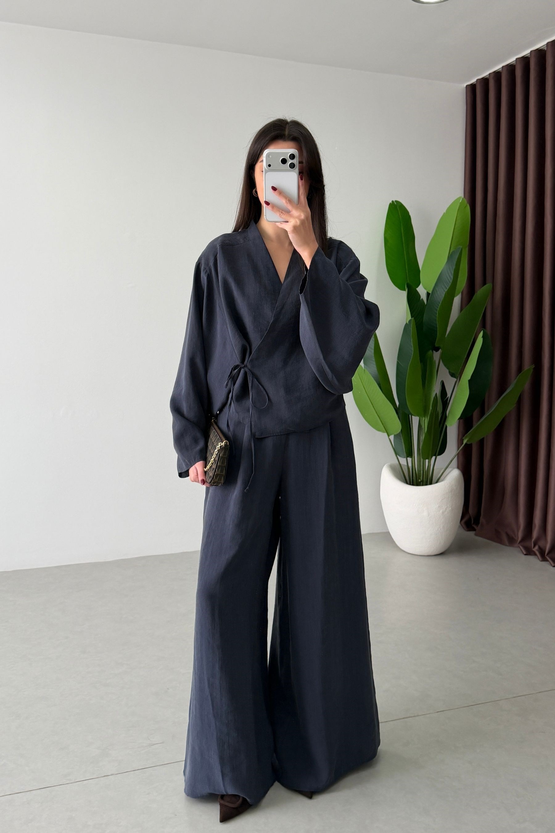 Limba Lacivert Tensel Kimono Pantolon Takım